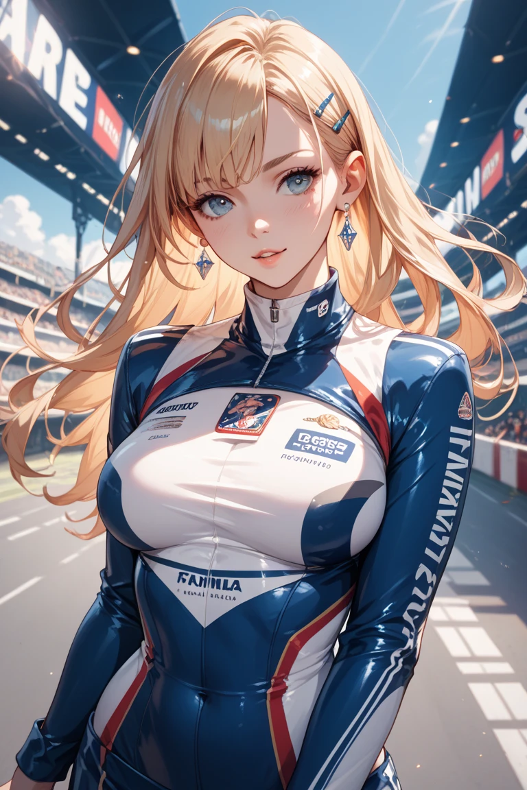 girl, smile, white plugsuit, blonde, blue eyes, Hyper Realistic
