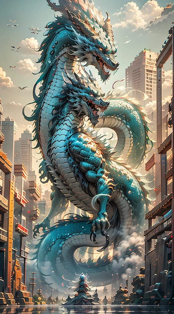 The Chinese White Divine Dragon soared into the air，（Girl manipulates dragons：1.3），（The girl has her back to the camera：1.3），Sky clouds surround the surroundings，Light magic，Fantastic background，Meaning background，Ridiculous background，There are artistic overlayulticolored hair, surrealism, Cinematic lighting, Ray tracing, god light, speed-line, angle of view, hyper HD, Masterpiece, Best quality, Super detail, A high resolution, High quality，（Far view：1.3）
