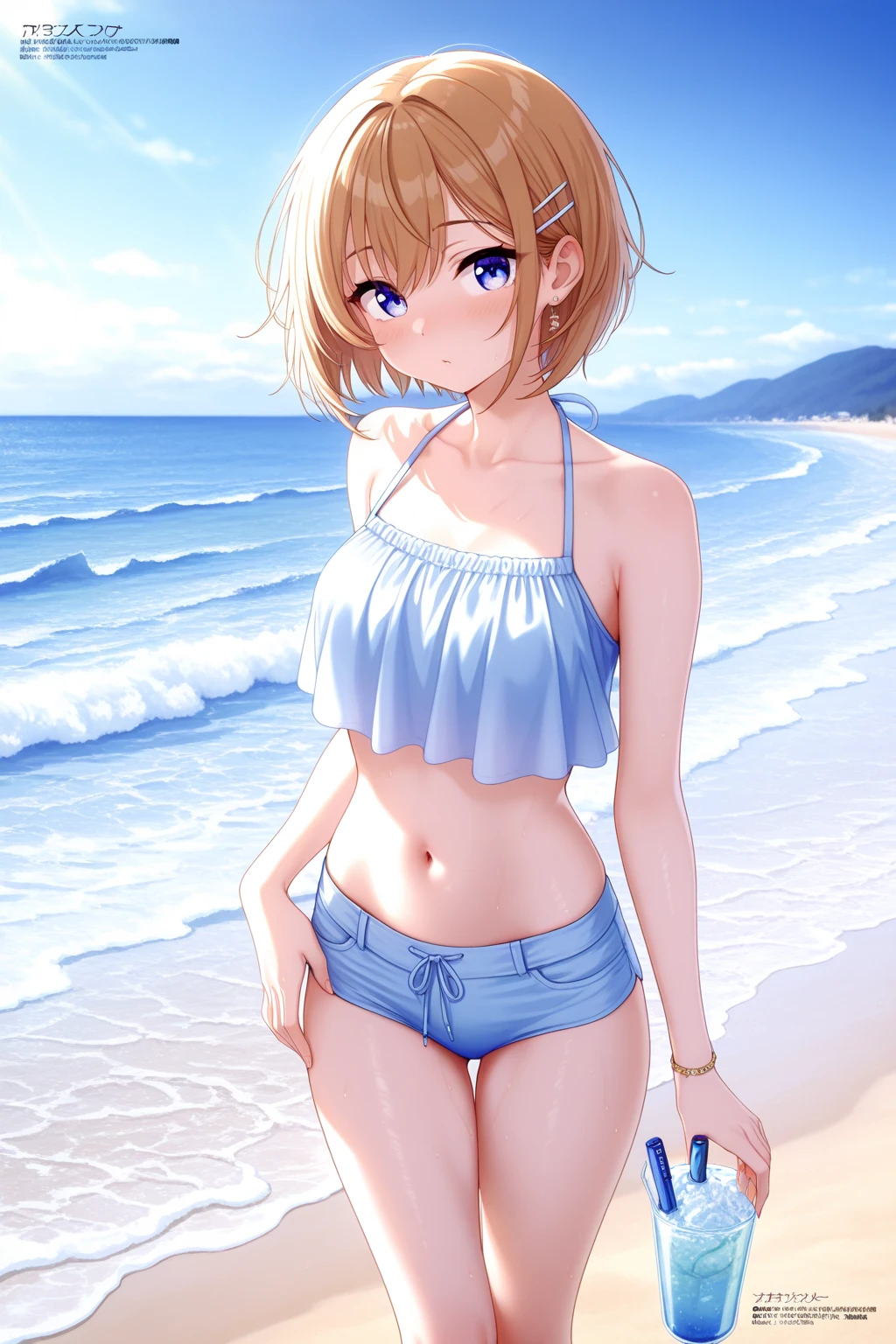 cartoon girl in a bikini standing on the beach with her hands on her hips, realistic bikini, clothing: bikini, Smooth anime CG art, is wearing a Swimwear, Beautiful and attractive anime woman, Girl on the beach, Swimwear, Beautiful and attractive anime teen, Created by Anime Painter Studio, Cute 3D anime girl render, in retro Swimwear, Swimwear