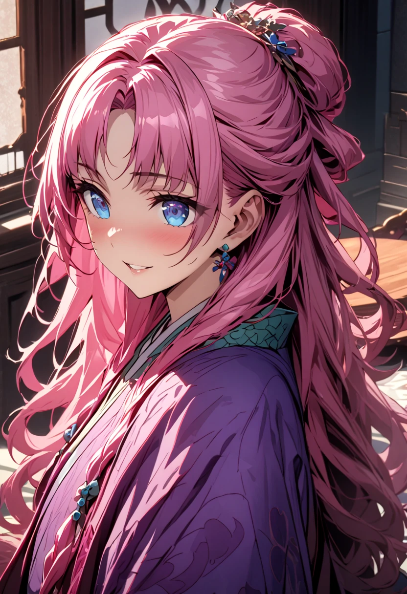 Magenta pink hair, brown eyes, older woman, hair ornaments, cat ears, long hair, smiling face, teal and gold outfit, pretty background, sexy, fashion