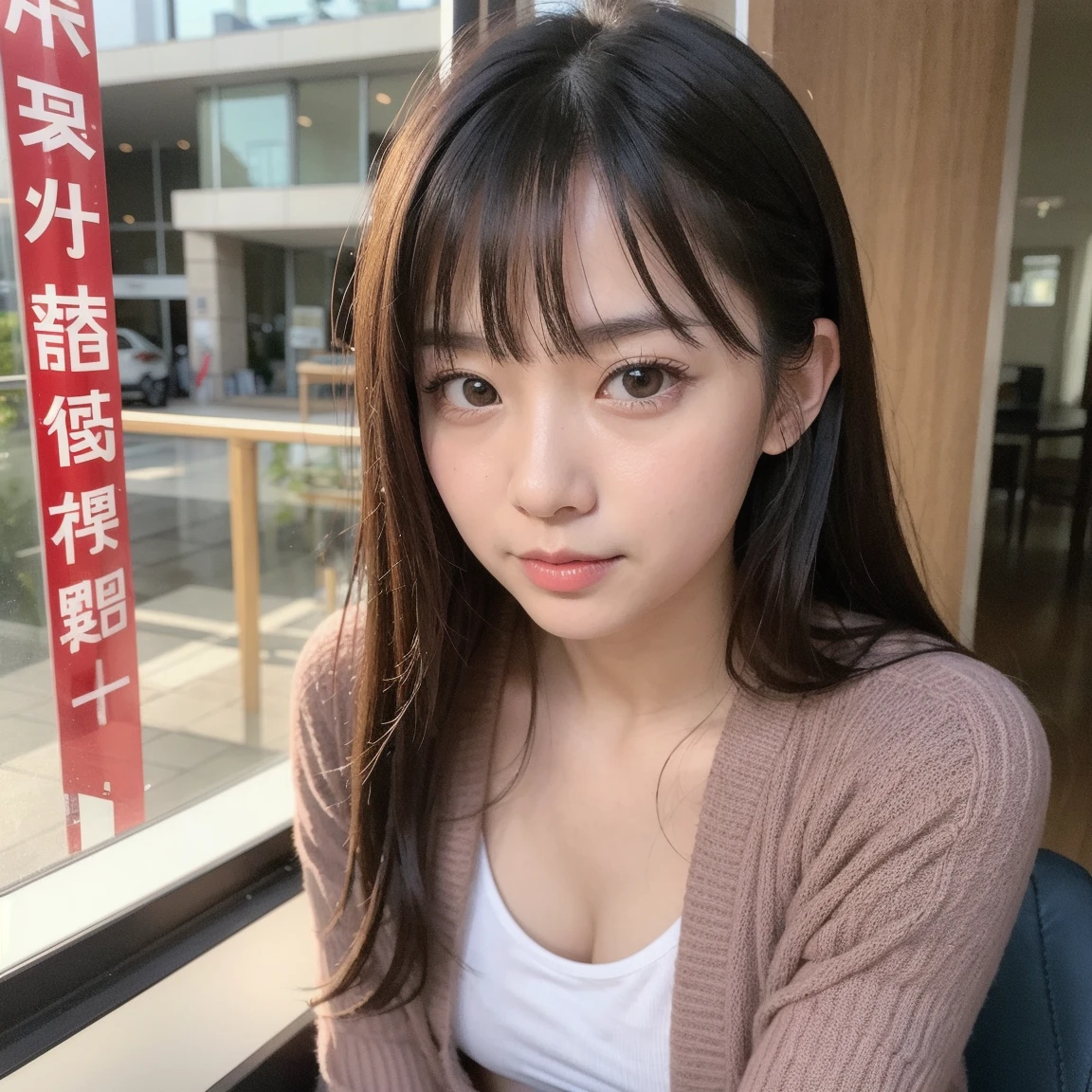 Tabletop, highest quality, figure, Very detailed, In detail, High resolution, 8k wallpaper, Perfect dynamic composition, Beautiful fine details,Wavy long hair,Small breasts、Natural color lip, Bold sexy pose,smile,Late night office、20-year-old girl、Very beautiful face、Subjects striking sexy poses for the camera,Sculpture model pose、Loose off-shoulder knit