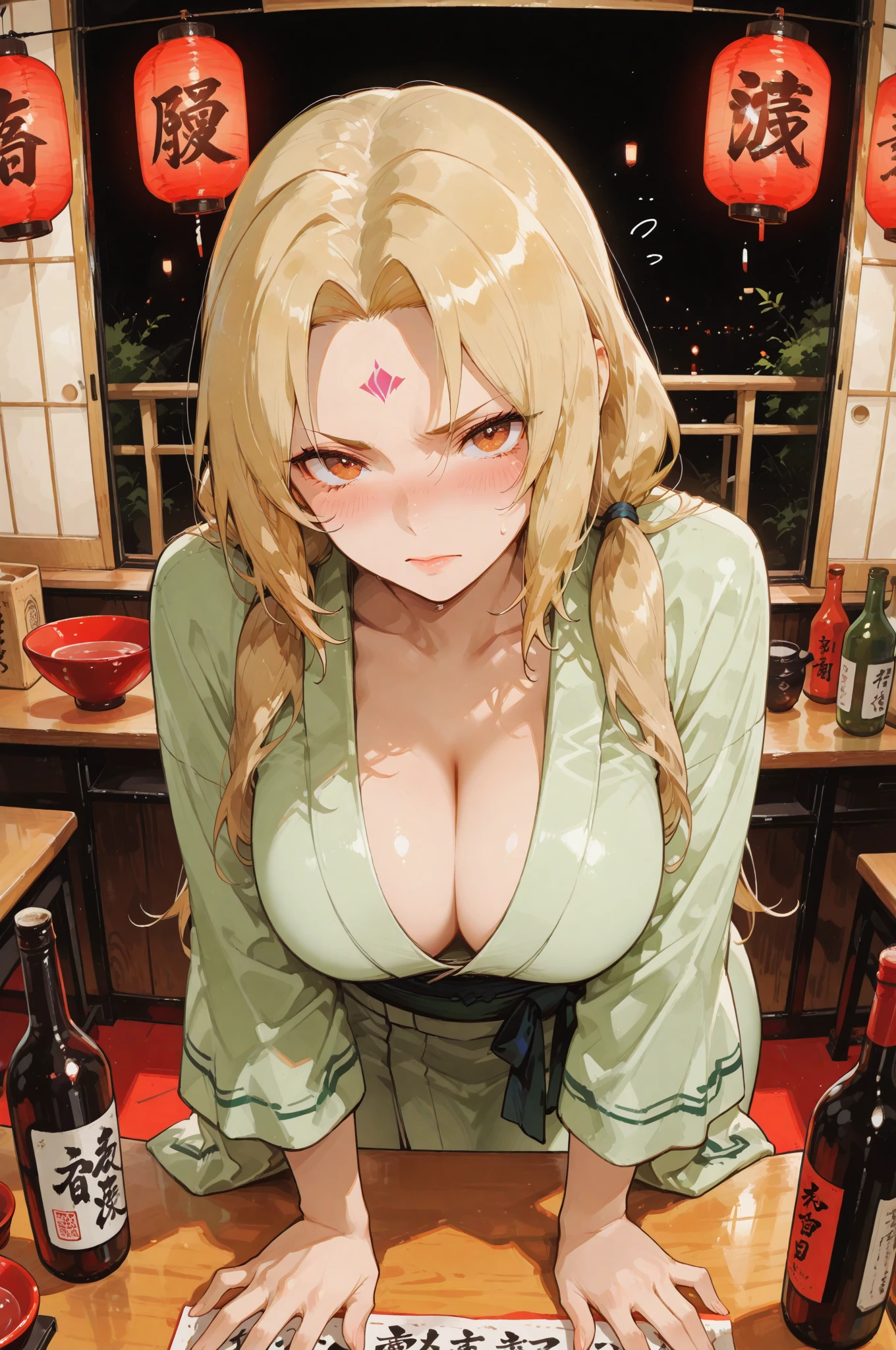 highres, sharp focus, pixiv masterpiece, ((intricate details)), highly detailed, upper body shot, 1girl, mature, blonde hair, blue forehead mark,white kimono, green jacket, sash, tsunade_senju, blush, drinking sake