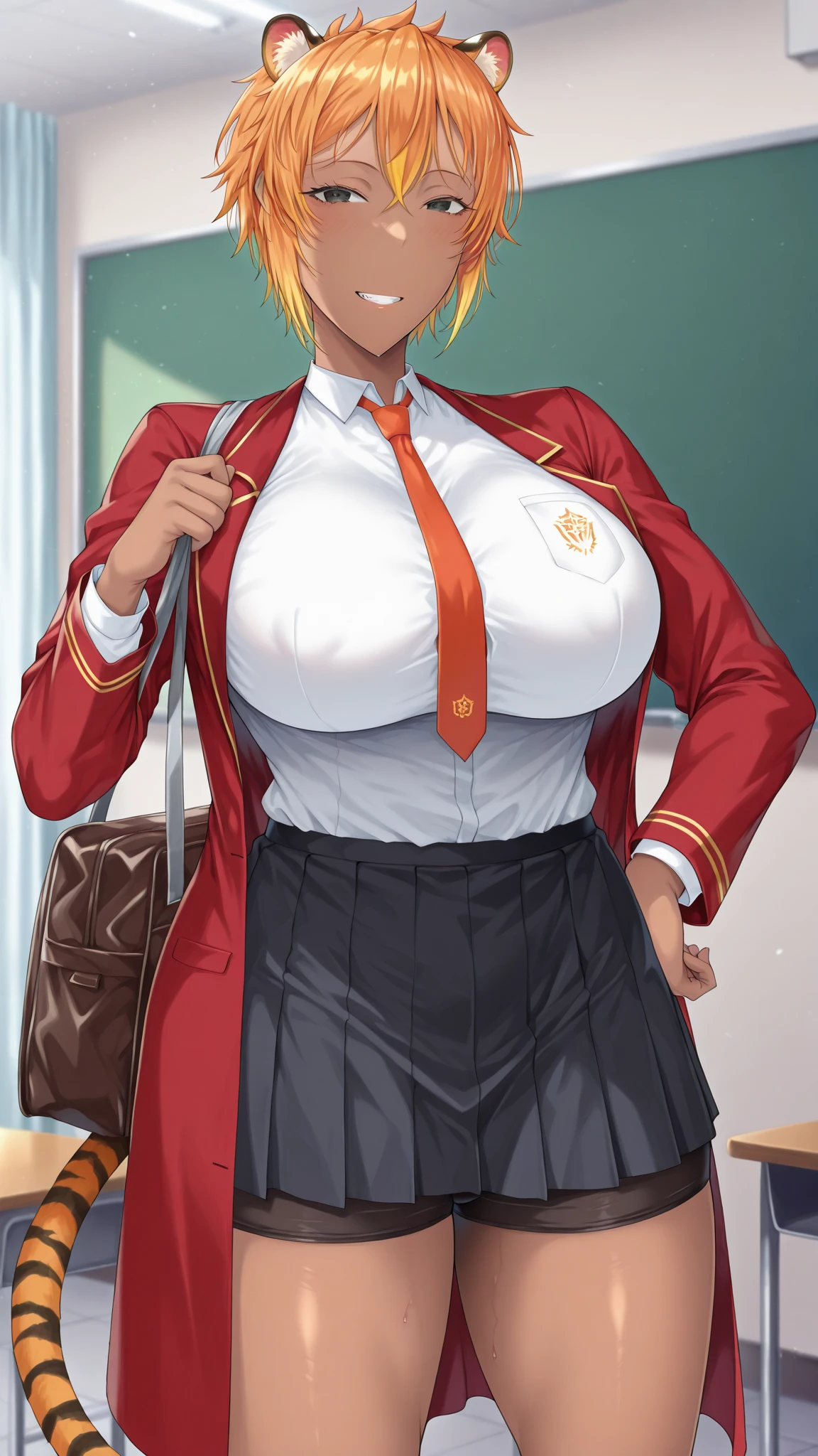 HnMdrkw-KJ , brown eyes , brown jacket, collared shirt, neck ribbon, plaid skirt, school uniform, blonde hair, Masterpiece, 8k, top-quality, best quality, official art, Beauty and Aesthetics, extremely detailed, full color, huge breast, serpentine body,