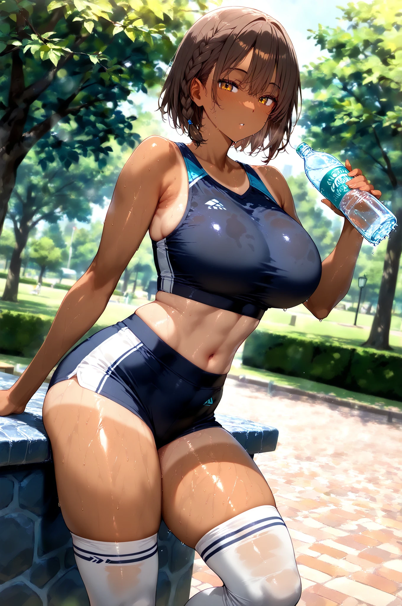 ((((masterpiece, best quality, high resolution)))), Extremely detailed 8K, 1 female, wearing a white crop top and black gym shorts, (Ultra HD, Ultra-detailed, Highly detailed, Highly realistic, Ultra-realistic, photograph realistic), (1girl:1.5), (Realistic green short hair), (dynamic poses), facing at camera, looking at viewer, (a smiling face), (regular hazel eyes, sharp eyes), (perky breasts:1.2), (beautiful detailed face, beautiful detailed eyes), ((slightly sweating)), (preparing for a workout), sweat, glow, (sunbeam, sunlight), ((cowboy shot)), gym background, seductive, EnvyBetterHands LoCon,