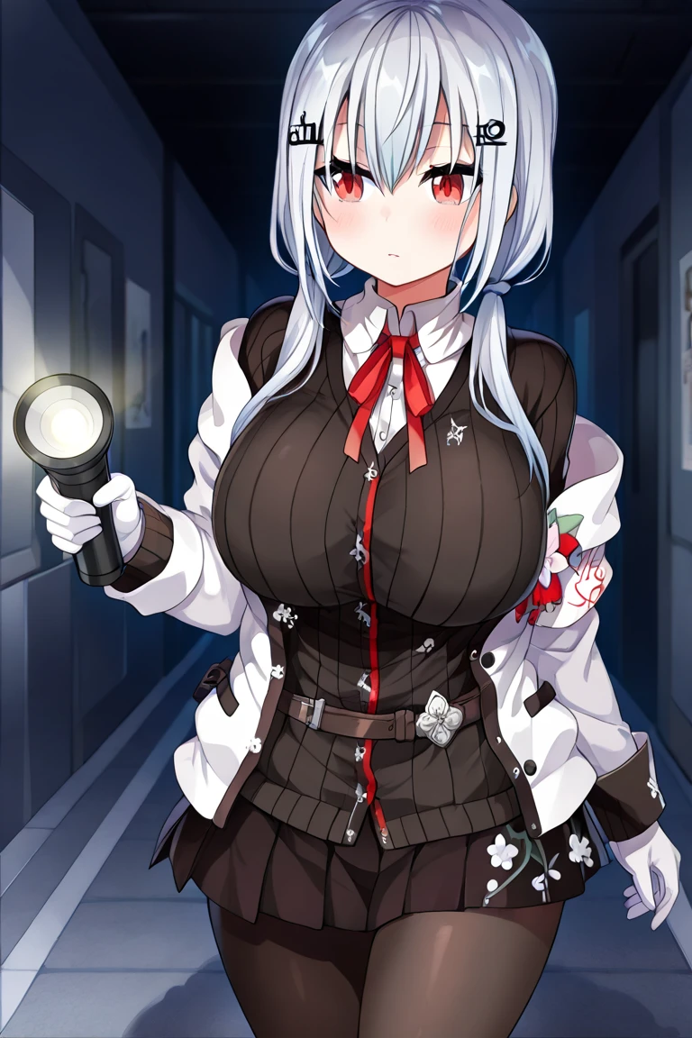 masterpiece, best quality, highres, hmhy1, low twintails, hair ornament, large breasts, red ribbon, collared shirt, sweater, labcoat, open clothes, off shoulder, long sleeves, flower, belt, white gloves, pleated skirt, black pantyhose, <lora:hakase_fuyuki_v1-3:0.7>, holding flask, laboratory, smile,