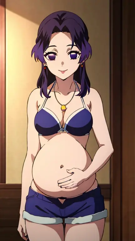 (Top Quality, 8K, High Resolution, Masterpiece: 1.2), Anime Art Style, Shinobu Kocho, 1 Girl, Perfect Face, Perfect Eyes, Soft Expression, Medium Breasts, Purple Hair, Long Hair, Pretty Parted bangs, purple eyes, narrow eyes, ((white bikini, white shorts, Both shoulders exposed, necklace, earrings, smile)), viewer appreciation, pregnant, belly, Belly button