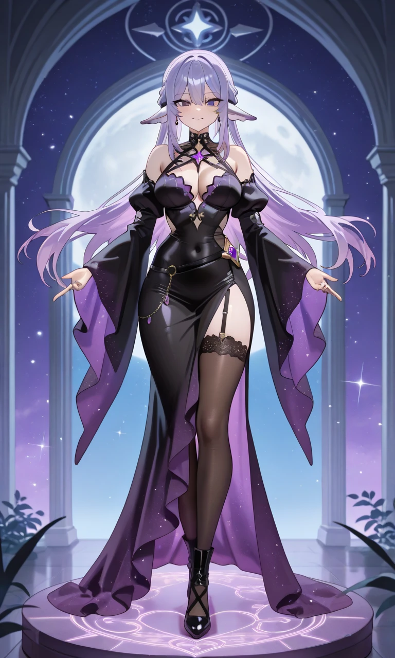 1girl, 45° side, side, white hair, purple eyes, side light, light particles, white background, nun, one-handed lift, full body, black and white color matching clothes, nun costume, royal sister's face, perfect figure, cleavage, slender legs, high heels