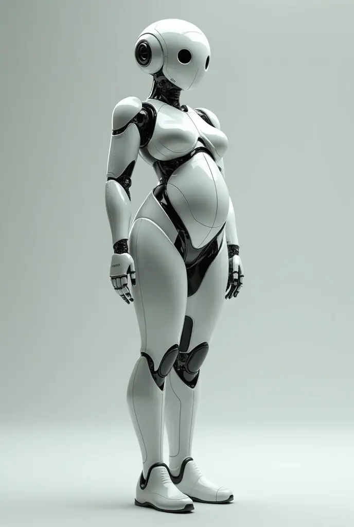 A robot girl with chubby thighs and a water hose in her ass filling her tummy, her belly grows like she is pregnant and she gets excited because she is pregnant, she touches her balloon belly that is expanding like crazy, the water hose is taking effect