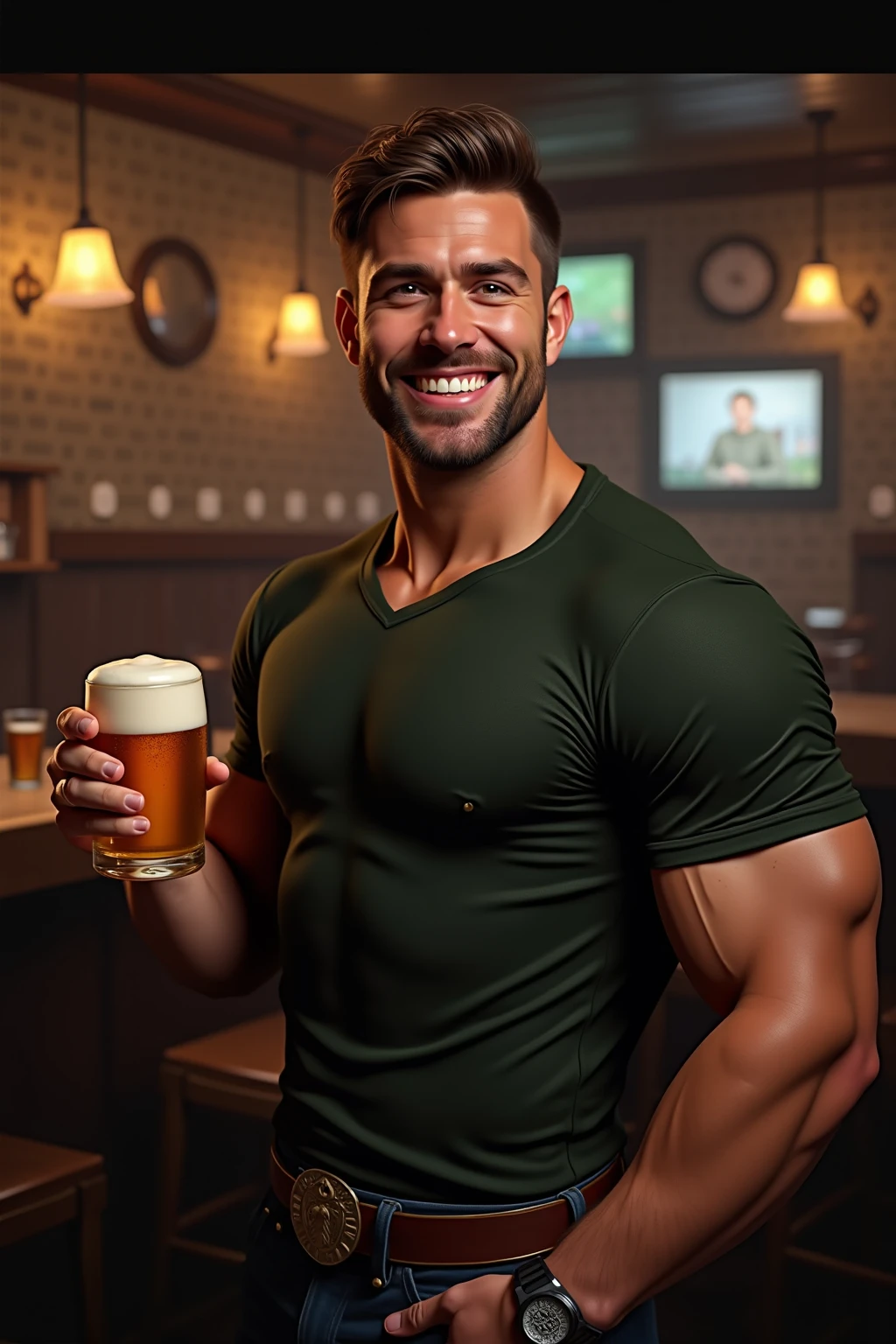 Stunningly realistic, grandiose panorama captures the charisma of a chiseled bald male model, showcasing his muscular physique in traditional lederhosen. He effortlessly holds a towering beer stein as the golden hour bathes the al fresco beer garden in a warm, ethereal glow. Shot with the precision of a Nikon D750, through the 24-70mm lens at f/2.8, the image adheres to an aspect ratio of 16:9, revealing every intricate detail of the model and his surroundings. The scene is untainted by any tattoos, creating a timeless and classy atmosphere.