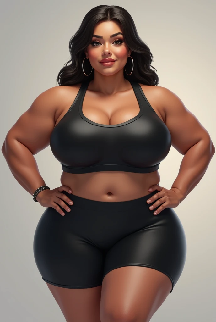 (best quality:1.3), masterpiece, cinematic lighting, photorealistic, 8k, best quality, ultra-detailed, physically-based rendering, (half-body-shot (front shot):1.3),(Detailed face:1.2), (Detailed eyes:1.2), (Perfect figure:1.2), ultra-detailed, volumetric lighting, 1girl, alone, 42-years-old, Latina, milf, mature female, (dark-skinned female:1.5), long brown hair, (Wearing: red tank-top, black leggings, sneakers:1.2), looking at viewer, wide smile, thrilled expression, teeth, sexy, very beautiful face, Curvy, Oversize, Overweight, thick lips, (plump figure, wide frame:1.2), medium breasts, fat rolls, belly rolls, muffin top, big deep navel, tight out, love handles, wide hips, wide waist, wide load butt, thick thighs, standing, hands on hips (Background: Outdoors, daytime, the streets of Los Angeles)
