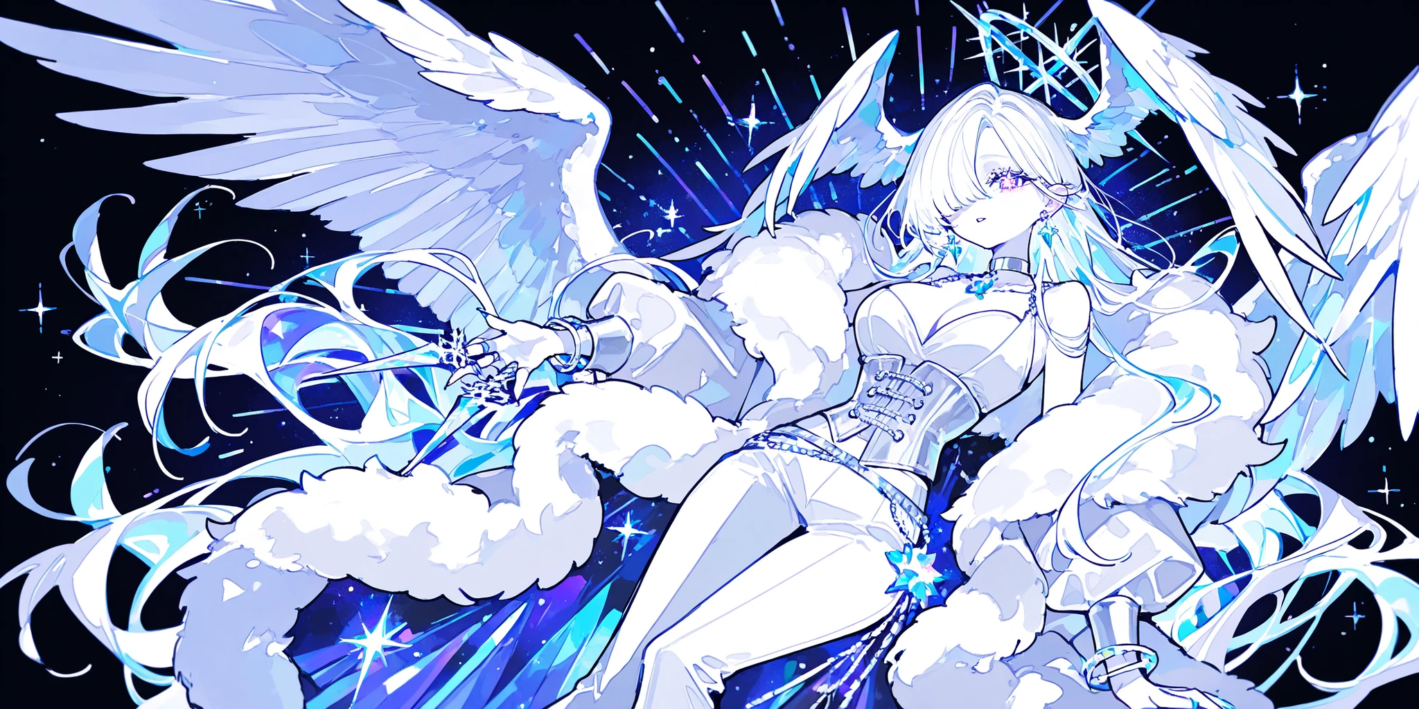 masterpiece, intricate detail,best quality, <lora:fluffy2038:0.8>floating,Hydaelyn(ffxiv),gorgeous details,huge silvery angel wings,sharp wings,blue crystal chip aura,mother,white bodysuit,prominent blue lace pattern,pure white skin,white cape,white crystal sword,blue eyes, solo,sharp crystal feet, medium boob,medium long curly hair,head wings,huge blue glow crystal In the background,divinity,elegant,kindly,sacred,orderly,In the starry sea floor,