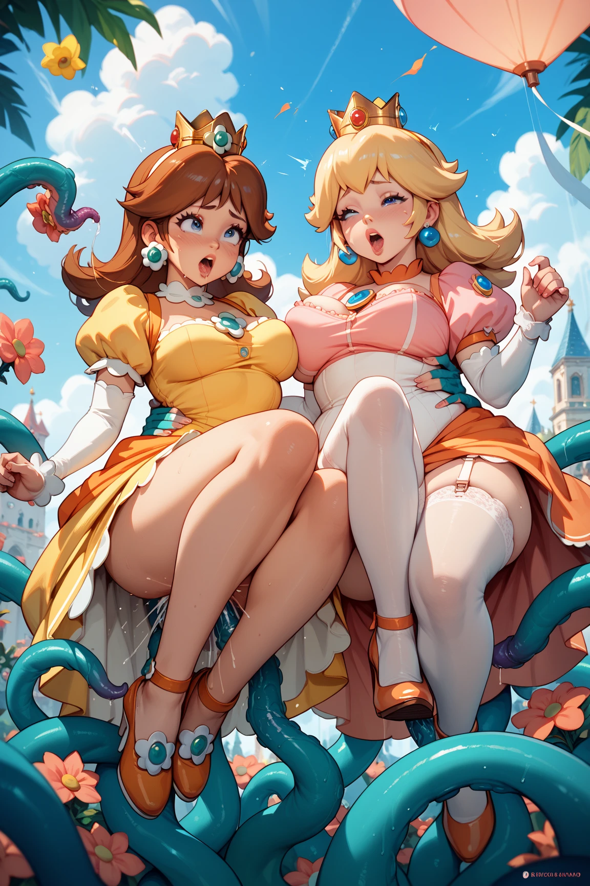 a beautiful 20 year old blonde woman with big messy hair in a blue dress, white stockings, black headband, cleavage, holding a glowing mushroom, fantasy art style, rossdraws cartoon vibrant, alice x. zhang, alice in wonderland cyberpunk, cute detailed digital art, colorfull digital fantasy art, digital fantasy art ), glossy digital painting, rossdraws pastel vibrant, rossdraws 2. 5, rossdraws 1. 0