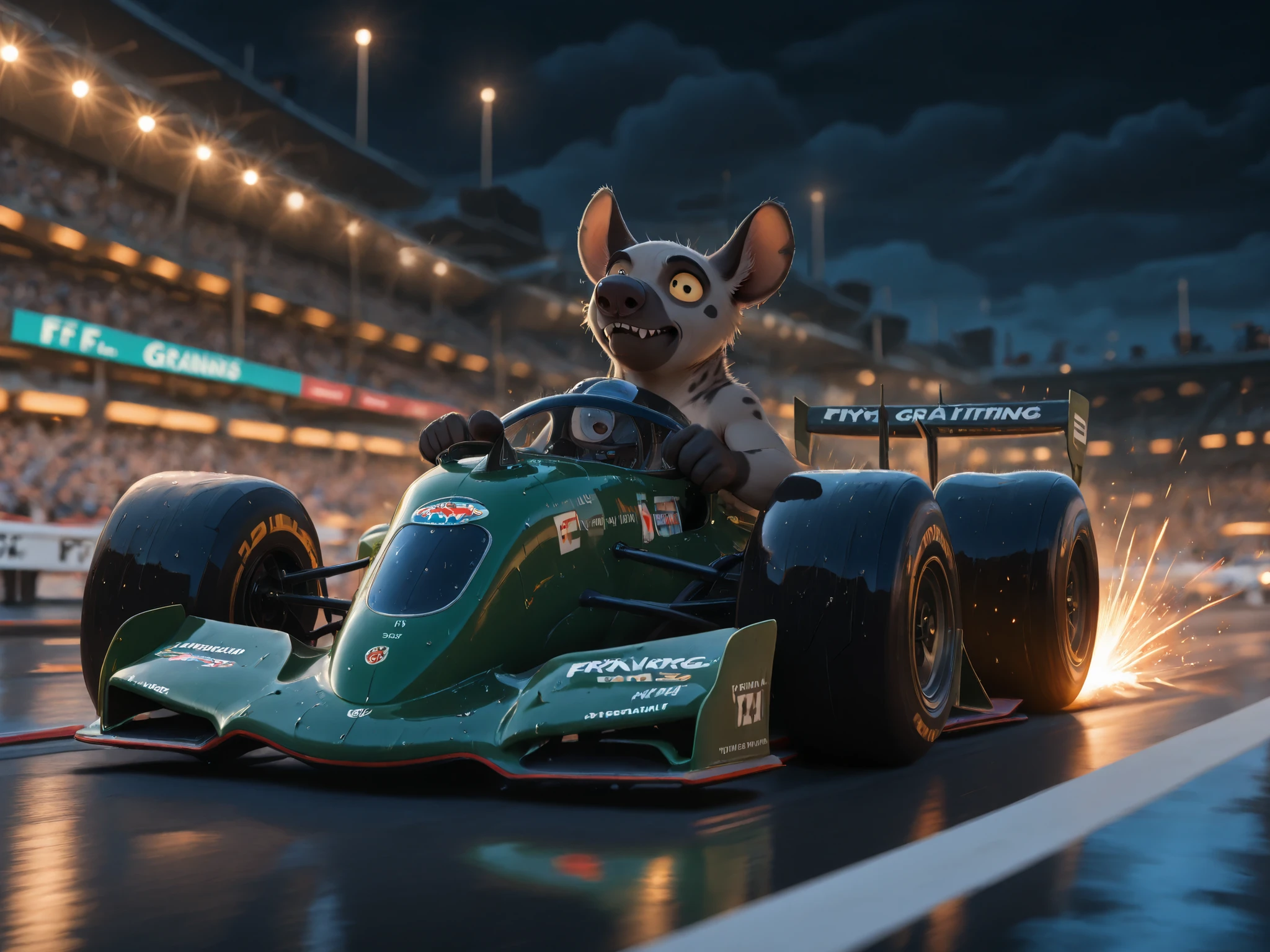 masterpiece, ultra-detailed, best quality, ((F1 car in racing position)), ((dynamic camera angle)), ((motion blur)), ((sparks flying)), ((wet track reflections)), ((dramatic turn)), ((crowd in grandstands)), ((racing flags)), ((track lighting)), ((night race)), ((neon reflections on wet asphalt)), speed lines, lens flare, Singapore GP atmosphere

furry male, male focus, no humans, 1boy, ((anthro)), plantigrade, Cheezi, hyena boy, solo, yellow sclera, dark grey spotted fur, sitting in f1 cockpit