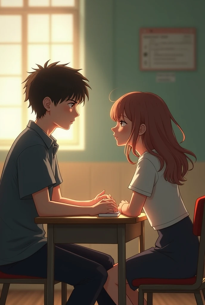 A girl with black hair wearing a school uniform talks to a rude boy with red hair but the boy is in love with her and gets nervous 