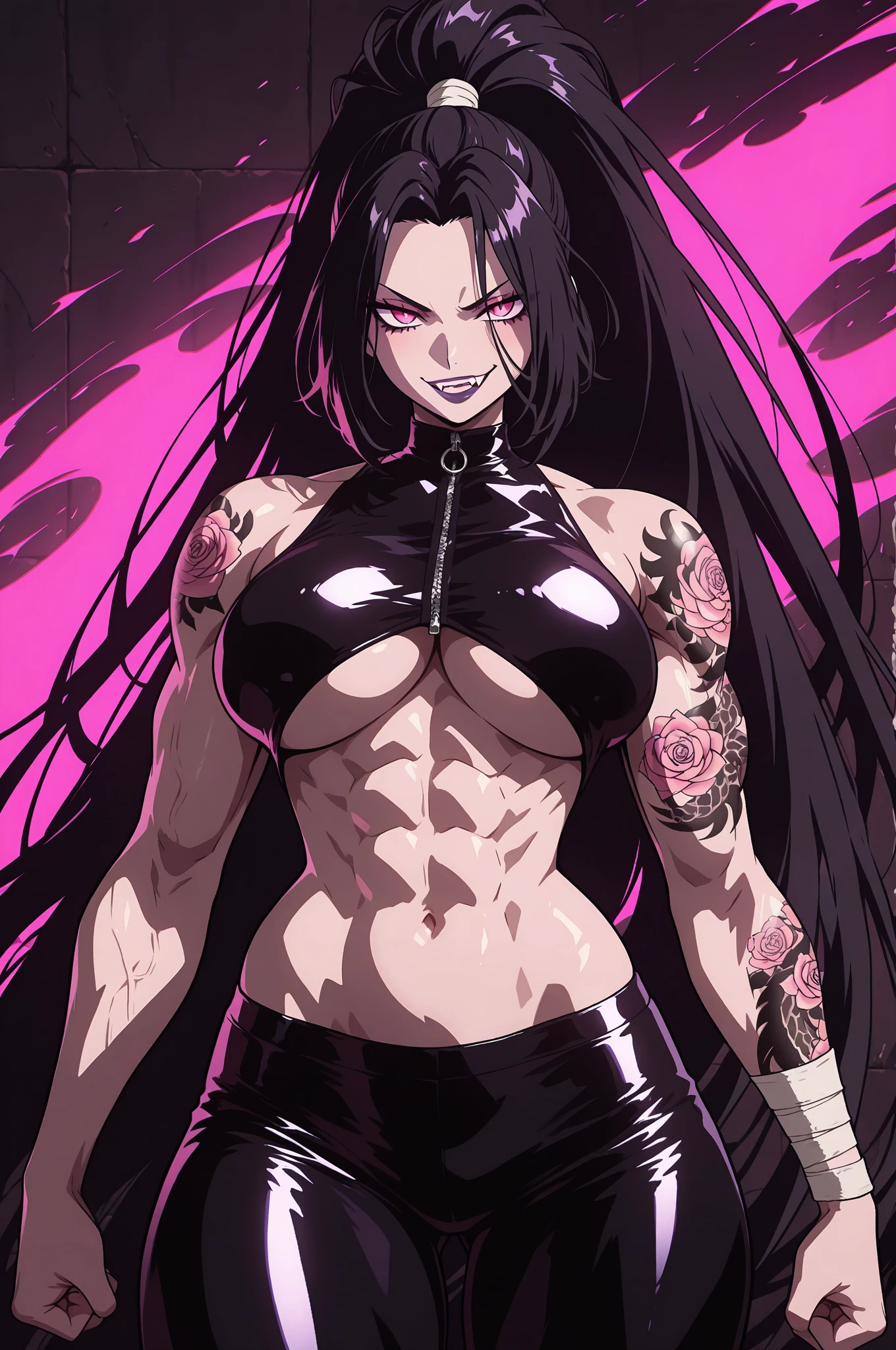 female, solo, long hair, wild hair, black hair, silver streaks in hair, pale skin, scars, undead, green eyes, muscular, exceedingly strong, 7 foot tall, giantess, mischievous smile, wrists bound together, warm, huge breasts, tattered clothes, abs, underboob, bone claw hands, large female, bedroom
