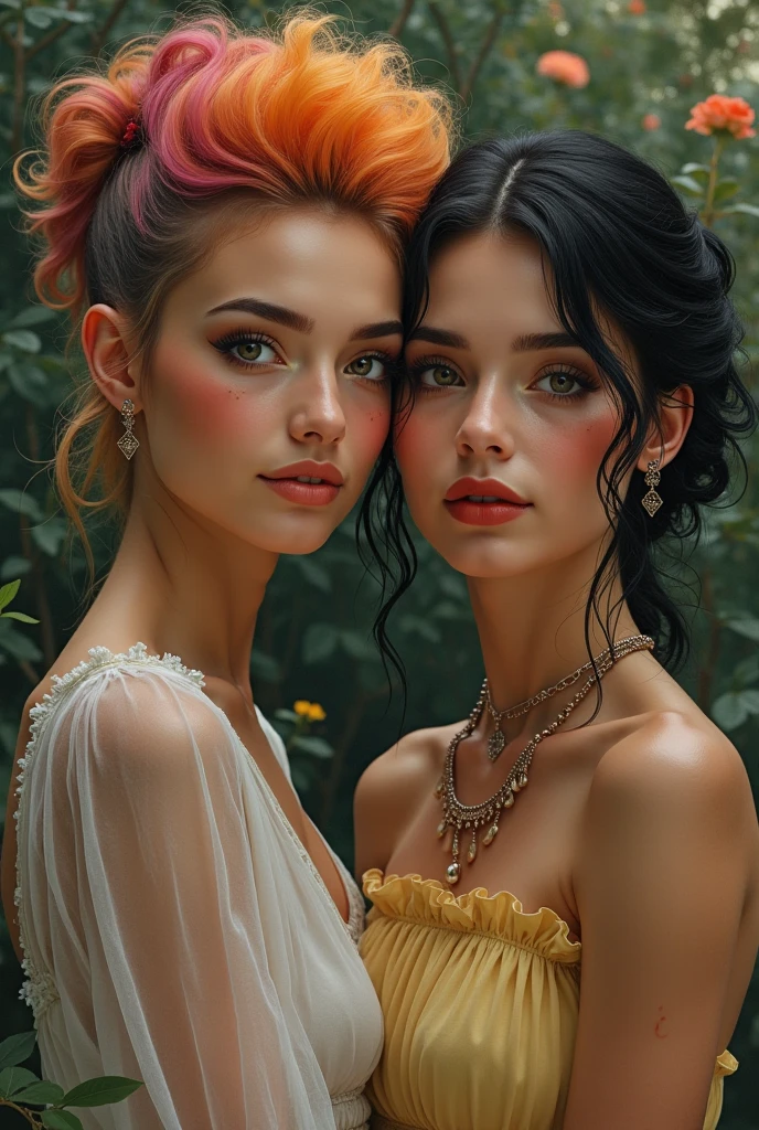 a detailed painting of girls with sprigs and flowers in her hair. wearing corset frills, inspired by Alexander Bogen, Greg Rutkowski. black-white-pink-silver-yellow colors, full dynamic color, close up character, intricate punk woman with runic face tattoos, kiss, hug, kissing breasts, short blonde hair, in a shadowed archway, medieval, urban, alley, night