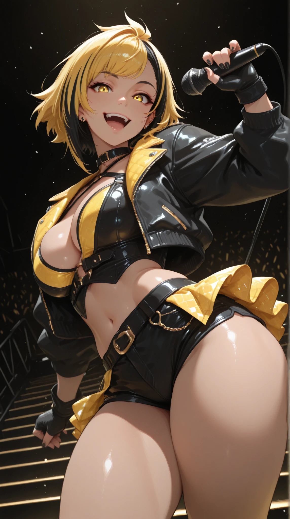 I looked up from my feet to see her wearing a grid girl costume with holes in it.,from below,cameltoe
