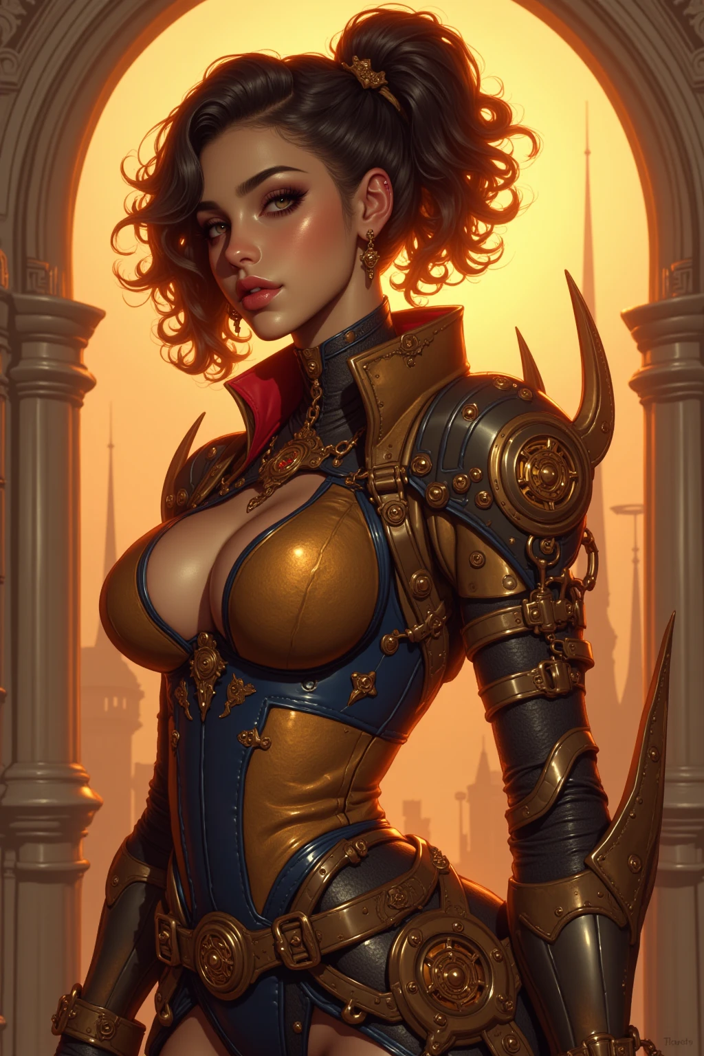 ((Masterpiece)), (highly detailed), (Ice Spice), 1 girl ,curly hair, large natural breasts, steampunk style, copper and gold open front dress, cog ornamentation, pocket watch, steamy factory, steampunk city hall, steam, textured skin, (sweaty: 1.2), (steam: 1.2), (breast squeeze: 1.2)