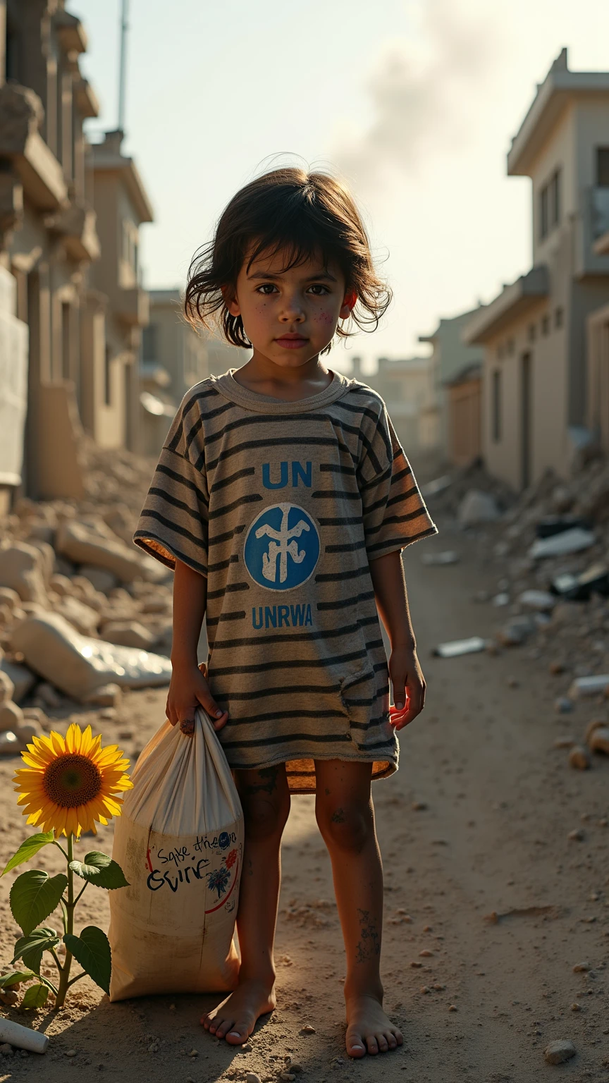 Children in Middle Eastern countries ravaged by war,Wearing a large adult T-shirt printed with "I love my family".,It looks very ill-fitting,The child's expression was painful