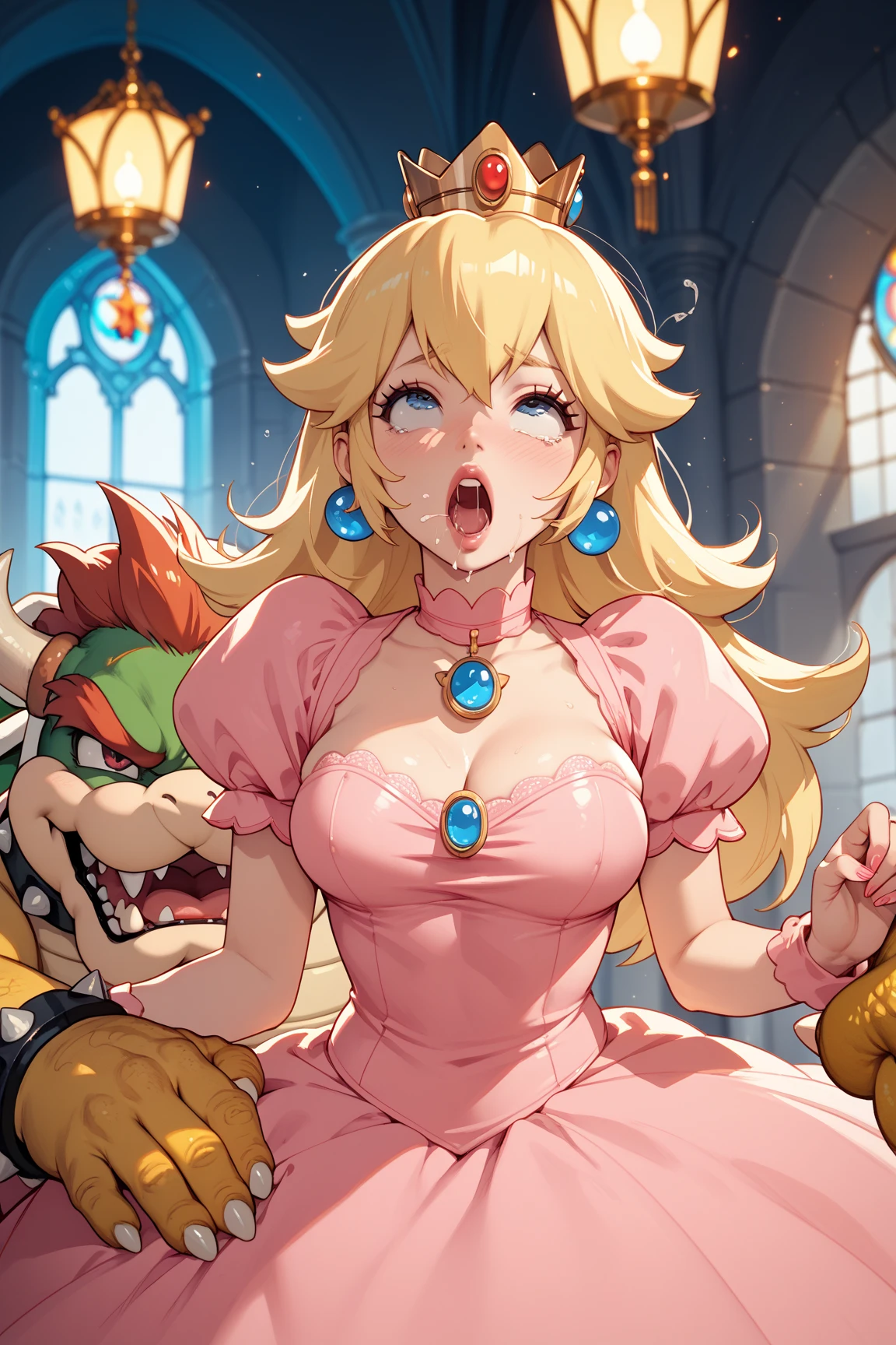 Princess peach, beautiful, naked, bound, tape wrap gagged, tape wrapped tight above breasts, tape wrapped tight below breasts, arms wrapped in tape, torso wrapped tightly in tape, legs tightly taped together, big breasts, breasts showing, arms behind back, blushing, glaring, laying on a pile of bananas, banana sticking out from her pussy, in donkey kongs house, donkey kong standing by door laughing, donkey kong holding a roll of duct tape high-quality, 8k, high definition, good detail,