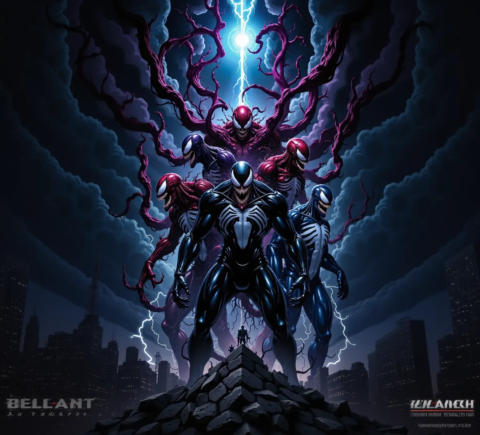 (((Highest quality)))(((Best Image)))外見は黒いfog,Wear shiny armor,Modern Battle Suit(((Appearance)))The shape is humanoid,Modern weapons(((Features)))Eyes glowing red,The shape is made of purple glowing matter..(((male)))The skeleton is human-like、Muscle fibers are visible,fogのようなもので構築している(((background)))Barren Land,dead tree,fog,Chaotic world(((Standing posture)))Battle Scenes,overwhelmingly strong,Highest quality。