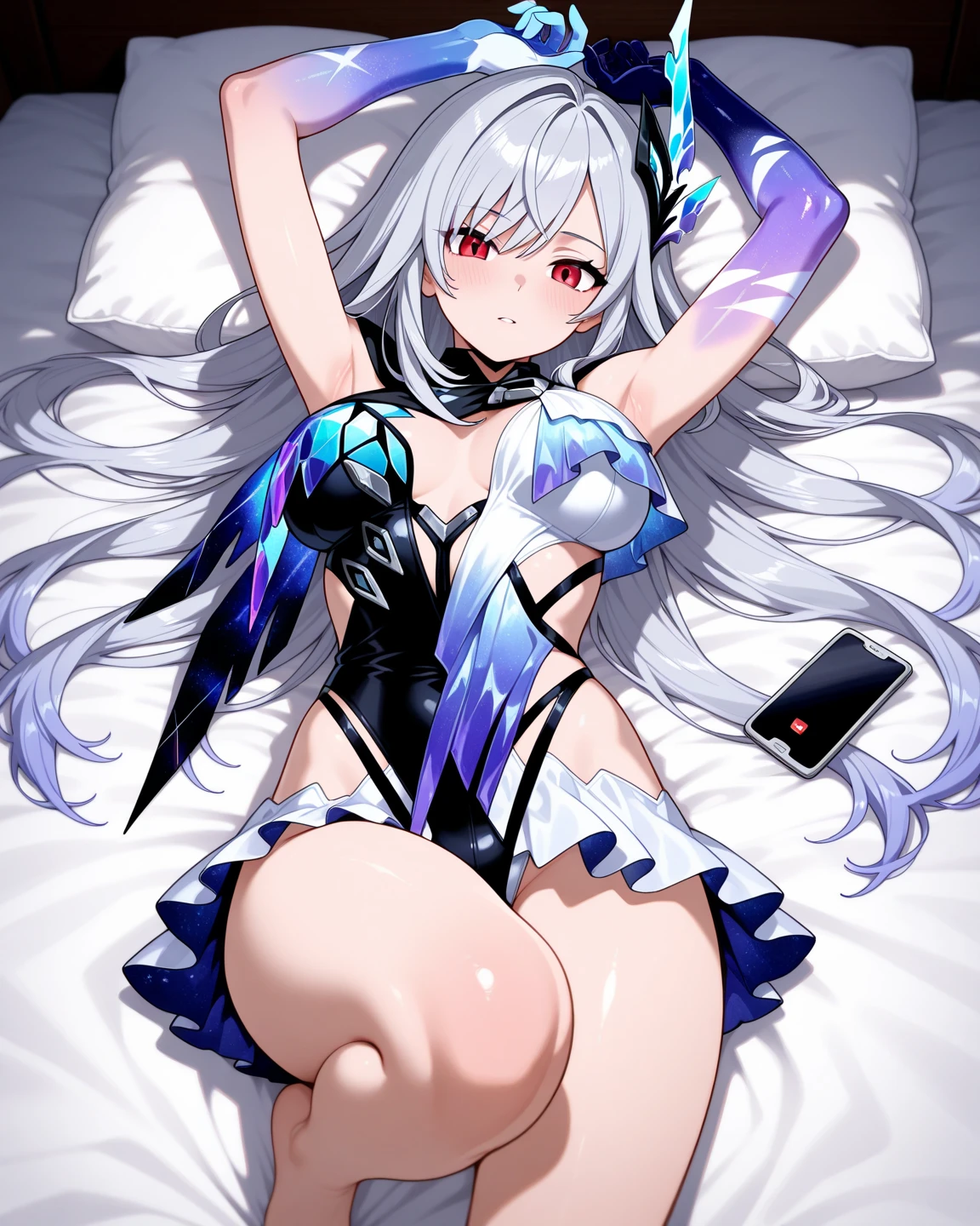 (tmasterpiece, Best quality）one-girl，Long boots，Lying on a white bed，，the detail，don't have clothes，A white bikini，Drenched，Soaked，soaked pubic ha flushed，Embarrassing，funk