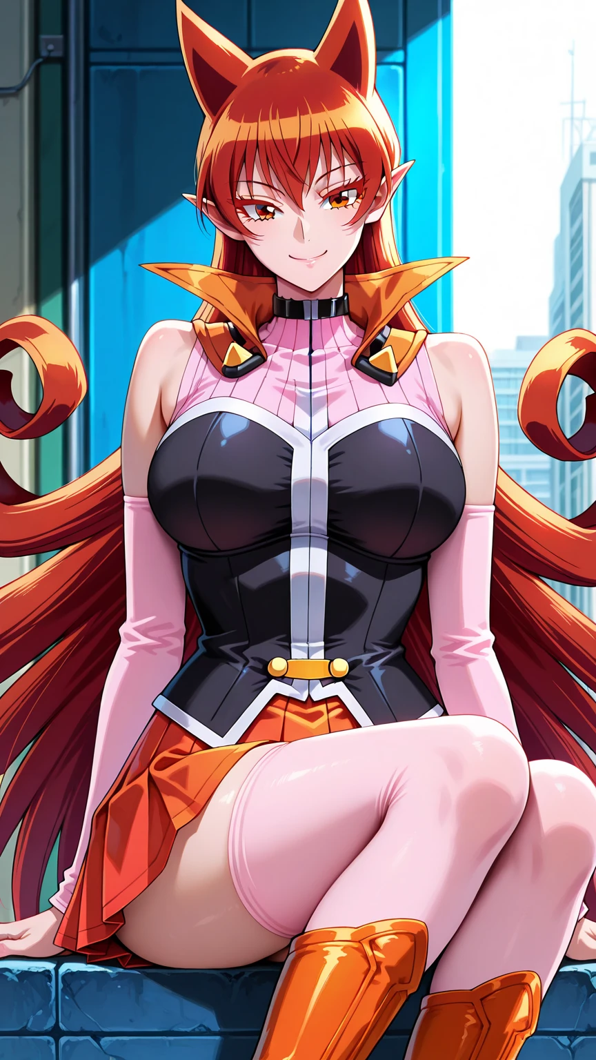 blossom,Power Puff Girls,large breasts,smile,orange hair, blunt bangs, pink eyes,pink dress, sleeveless,:D,armpit,pink panties,
(best quality, masterpiece, RAW photo,ultra-detailed:1.2), solo,