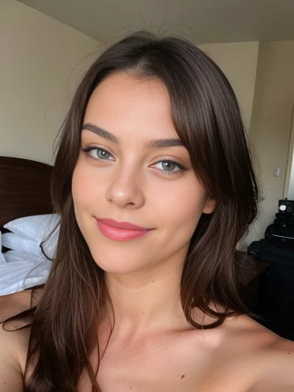 1woman, (Realisitc:1.5) woman (self shot face slefie:1.4) Selfie, blue eyes, dark hair, long natural well combed hair, white bikini, bedroom, high definition, realistic, luxurious seaside hotel bedroom