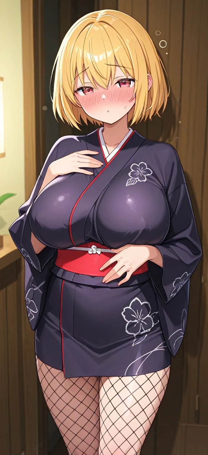 ((Best Quality)), ((Masterpiece)), (detailed), 1 girl, Pastel yellow hair, wide, hair covers one eye, purple eyes, tight, big breasts, big thighs, floral kimono, at a fireworks festival, happy excited