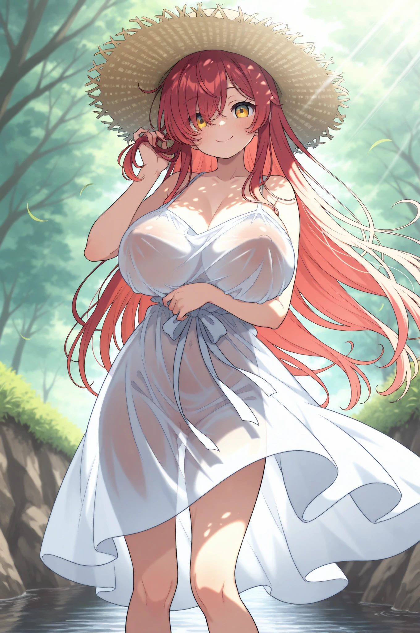 Red hair, Dress, Skintight clothing, seductive pose, large breasts, skinny, Sexy, revealing outfit, Create a full-body shot of a female character with long hair and a white streak on one side. She has large, expressive yellow eyes and pointed elf-like ears, and her expression should be one of surprise or curiosity. The background should be a forest setting with green trees and a natural ambiance, making the image suitable for an iPhone wallpaper
