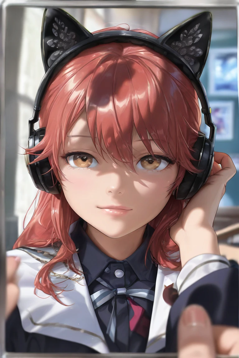 In the distance under a beautiful blue sky, a woman with red hair in a bob cut coat is wearing headphones and looking up at the sky.The shadows that stretch around her feet.　The atmosphere of Alphonse Mucha, where the scenery is the main focus