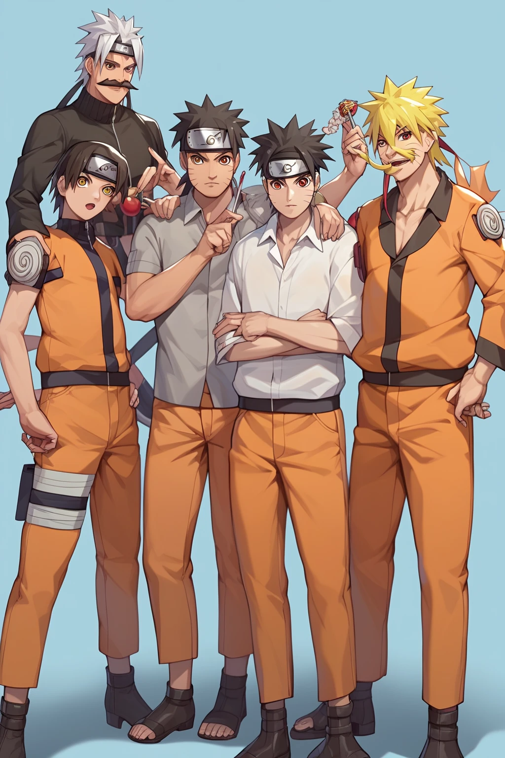 a naruto-style cartoon image of two well-dressed young men who are talking and smoking  and sitting on a short wall, they are near a lawn and the sun is setting