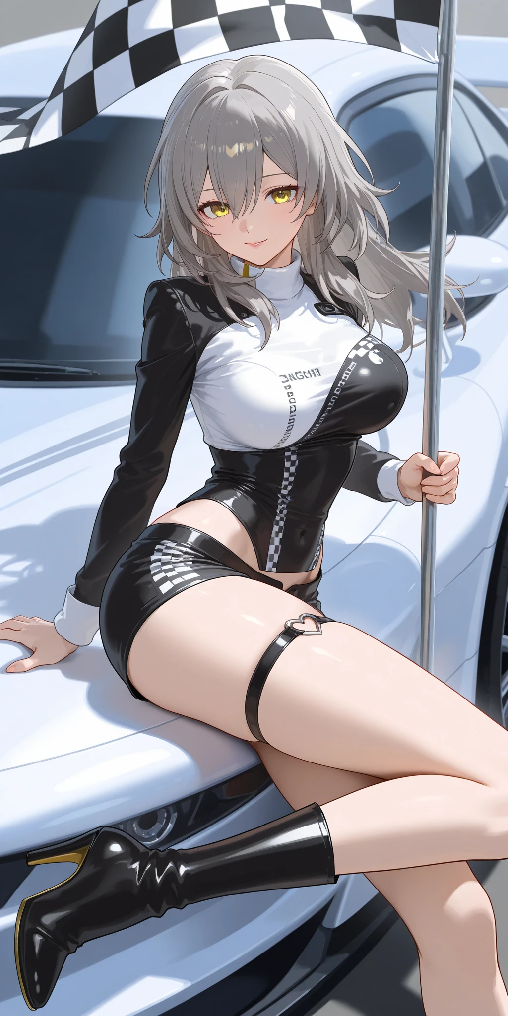 1girl, sorrir, carro, carro de corridaro, circuito, Fato de corrida, Bodysuit preto, luvas de dois tons,cabelos pretos, cabelos longos, olhos castanhos, seios grandes, pipas grandes, cintura fina,