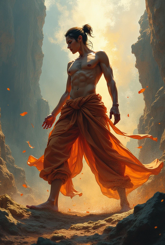 There is an 18 year old boy who is wearing half-cut lower and he is very fair, handsome and a bodybuilder, his face is round and attractive, his short hair is very beautiful, his mind is very hardworking and powerful, he is focused on his goal like Suryaputra Karna and at the time of sunset he is standing alone on a very high mountain, around whom there is a very beautiful and peaceful environment, his name is Himanshu, he looks different from the world, the world makes fun of him but he alone is enough for the world