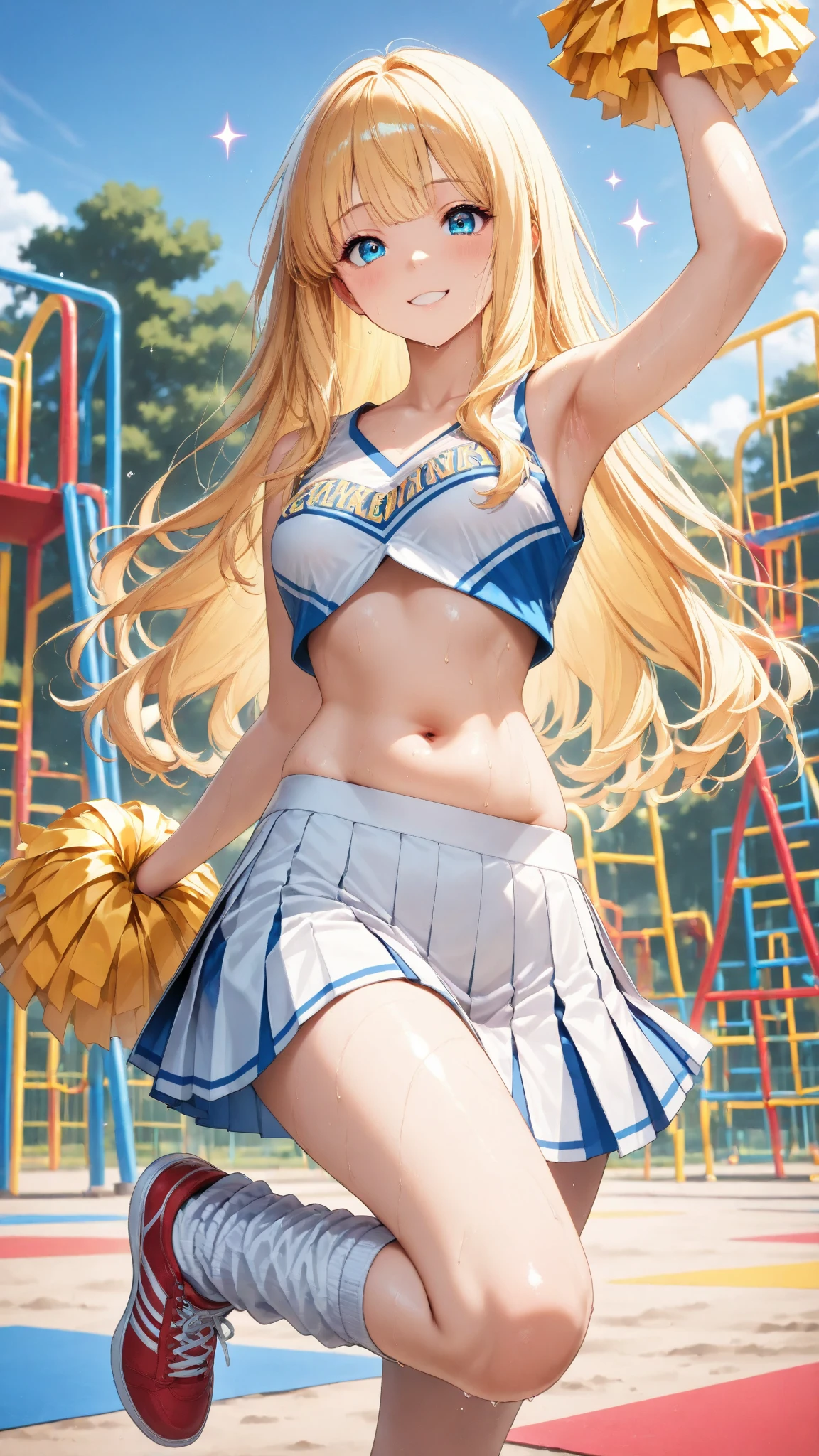 ((masterpiece:1.2, highest quality)), 1 girl, alone, blonde hair, long hair, , ponytail,  belly button, Cheerleader、bangs、spread your legs、smile、Crouching、sweaty、front、lower body、armpit、Wedgie、big breasts、bust top