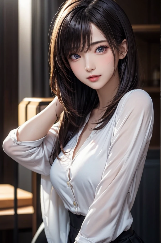 Product quality, One girl, Upper Body Shot, Front view, Young and pretty girl in Japan, Long Bob Hair, Smiling and standing in the high school locker room, Attractive person, She wears a shiny satin yellow chemise over white silk panties, Super cute face, Glossy Lips, Double eyelids on both eyes, Natural Makeup, Long eyelashes, shiny smooth light brown Long Bob Hair, Asymmetrical bangs, Sunburned skin, Center image, High resolution, Attention to detail, Detailed hairstyle, Detailed face, Spectacular movie lighting, Octane Rendering, Vibrant, Ultra-realistic, Perfect limbs, Perfect Anatomy