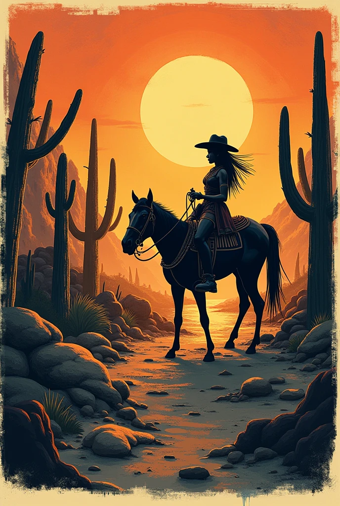 sexy woman riding a horse, holding a wooden stick, five wooden posts stuck in the ground, the moon (Bill Sienkiewicz inspired art, intricate details, oil painting)
