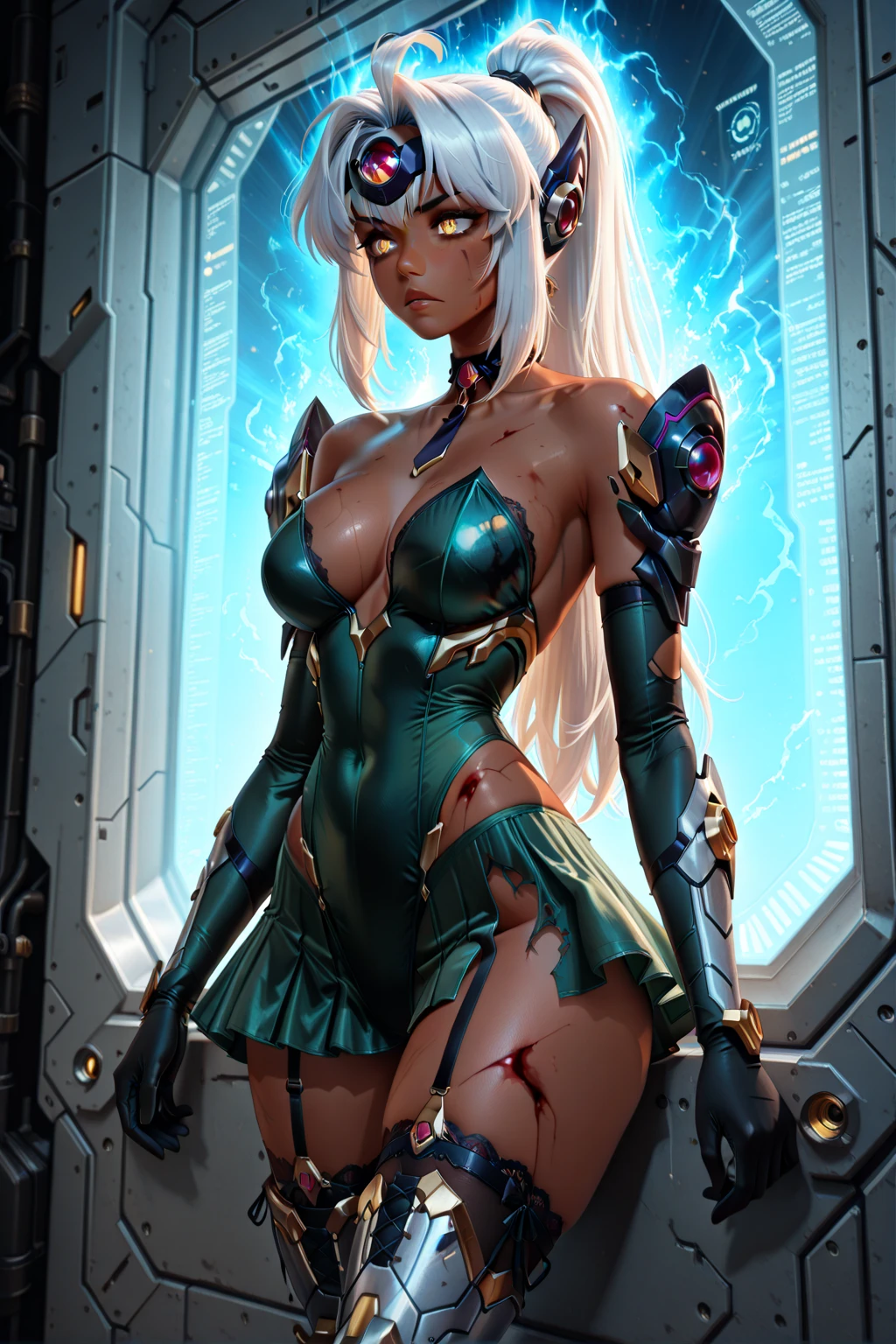 high image, super detail, high resolution, anime, manga, illustration, beautiful elf, amorous expression, seductive look, alluring moist half open lips, flowing layered messy half-up knitting silver hair style, sparkling eyes, huge breasts, under boob, great proportion, perfect proportion, slender, full body, background Northern Renaissance style, fantasy, galaxy, magic circle, kaleidoscope, give off rainbow and gold neon light many lines radially from floor and ceiling, cyber punk, water splash --auto