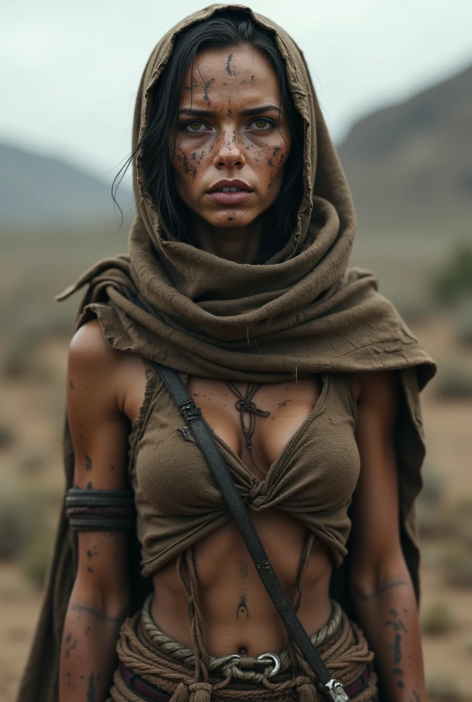 Transitioning to a desert landscape at sunset, a lone figure, a beautiful woman emerges wearing nomadic, post-apocalyptic clothing. Layers of tattered fabric, unconventional accessories, and a weathered look create an aura of survival and resilience.