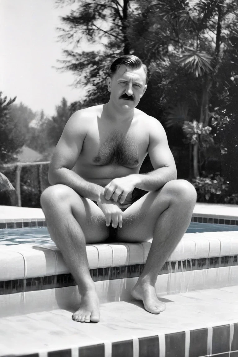 1970s, cold, cloudy sky, 70-year-old naked Superman, in bulging white brief, very broad shoulders, very protruding chest, very thick neck, arms and thighs that have gained fat, no abs, no cape,Superman mark spread out to the sides,hairy body with some white body hair,captured and standing on a cliff