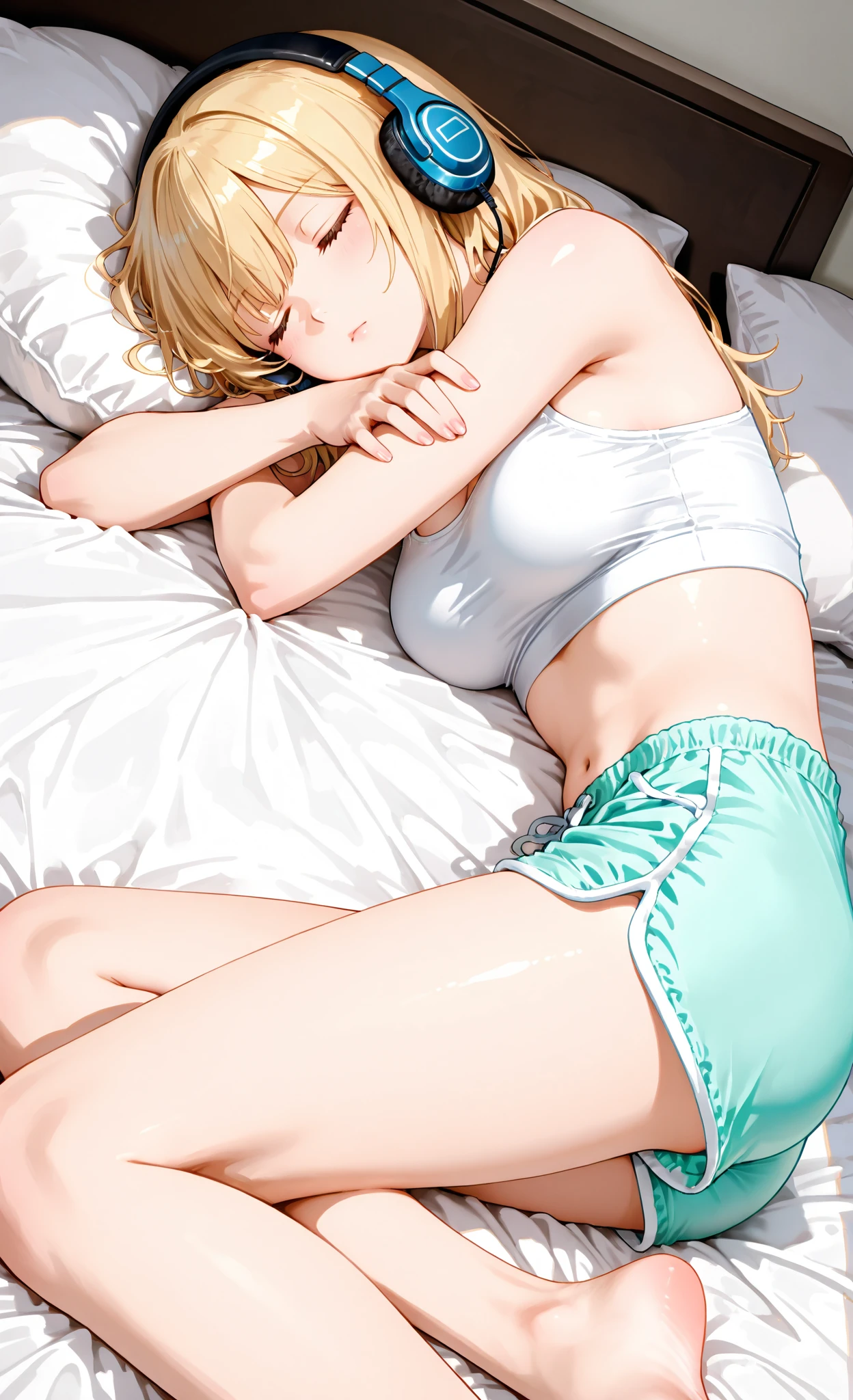 masterpiece、highest quality、Beautiful woman、Sayla Mashiro Bikini)))、(((Wet and transparent white swimsuit)))、(((high leg swimsuit)))、spread your legs、(((crack in the groin)))、front shot、panty shot、crack in the groin、on the bed in the bedroom、beautiful breasts、I can see my belly button、Don'Don't hide your crotch、raise both hands、Please show me your armpits、I can see your 、expression of ecstasy、blonde