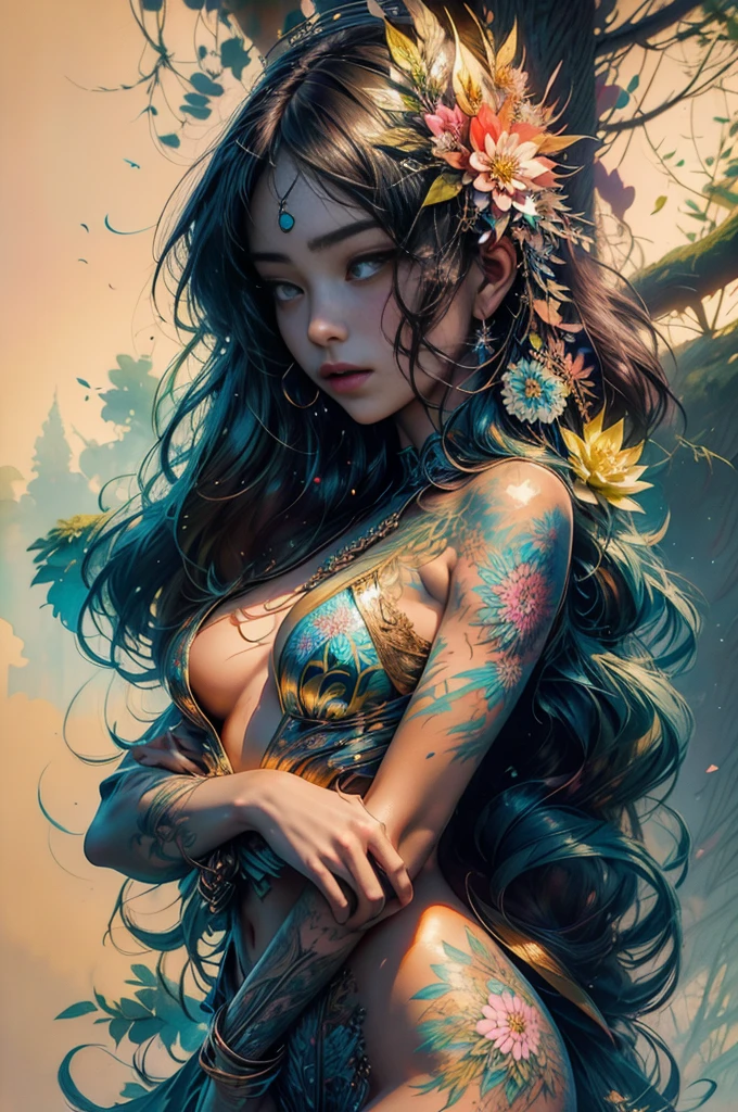 Create a beautiful tree, tree woman With the torso with a feminine silhouette. with the female silhouette, a perfect body. With green leaves.digital drawing, perfect face, Glossy skin, 8k concept art portrait, dynamic lighting, superdetail, detailed image, complex background, alcohol ink drawing.,beautiful woman, A woman with black hair wearing a colorful outfit and a black background with paint splatters, by Hirohiko Araki, Official Art, Unity 8K Wallpaper, Ultra detailed, beautiful and aesthetic, Masterpiece, Best Quality, (Zenredar, mandala, tangle, tangle), 1girl, extremely detailed, Dynamic Angle, cowboy, The Most Beautiful Form of Chaos, elegant, A brutalist designed, bright colors, romanticism, By James Jean, Gerhard Richter, Takato Yamamoto, Ashley Wood, atmospheric, ecstasy of musical notes, streaming musical notes visible,Wtrcolor style, blown by the wind, Masterpiece, Beautiful, ((watercolor)), Paint Splatters, Intricate Details. High Detail, [drip:0.7], Trending on Artstation, Rachel Walker,Style-Painting-1900, A gorgeous nude stunning woman completely covered in paint floating in a pool, beautiful lighting, big detailed beautiful eyes, Nirvana, relaxed, body full, paint drops, Paint Swirls, Paint Splatters, (Beautiful Spiral Paint Swirls), by Jeremy Mann, By Sandra Chevrier, vivid contrasting colors, chromatic abberation, black background, behance HD, Masterpiece, Best Quality , (realistic:1.2), (high contrast:1.2),Gold decoration, goddess of the forest, beautiful caucasian girl in close-up, beautiful goddess fused with the forest and trees, black hair fused with platinum and gold, naked girl, beautiful visible pubic area, pink pesones, small breasts in sight, pond of water in the garden,mandala and flower tattoos on naked body,