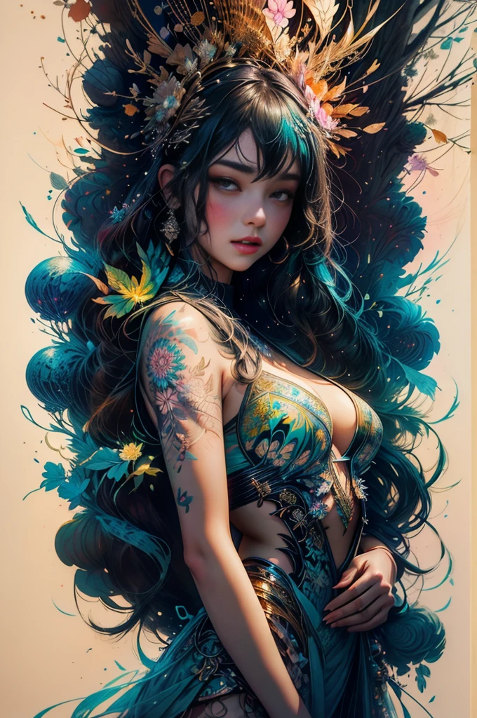Create a beautiful tree, tree woman With the torso with a feminine silhouette. a perfect body With green leaves. digital drawing, perfect face, glowing skin, 8k concept art portrait, dynamic lighting, super detail, detailed image, fractal complex background, alcohol ink drawing.beautiful woman, a woman with black and platinum and gold hair, with a colorful outfit and a black background with paint splatters, by Hirohiko Araki, Official Art, Unity 8K Wallpaper, Ultra Detailed, Masterpiece, Best Quality, (Zenredar, mandala, tangle, tangle), 1 beautiful Caucasian haired girl platinum and black and gold, Dynamic Angle, The Most Beautiful Form of Chaos, elegant, bright colors, romanticism, By James Jean, Gerhard Richter, Takato Yamamoto, Ashley Wood, atmospheric, ecstasy of musical notes, transmission of visible musical notes, Style Wtrcolor, wind blown, Masterpiece, Beautiful, ((watercolor)), Paint splatters, Intricate details. [drip: 0.7], Trending on Artstation, Rachel Walker, Style-Painting-1900, A beautiful nude woman completely covered in paint floating in a pool, beautiful lighting, beautiful large detailed eyes, Nirvana, relaxed, paint drips, Spirals of Paint, Paint Splatter, (Beautiful Swirls of Paint Swirls), by Jeremy Mann, By Sandra Chevrier, vivid contrasting colors, chromatic aberration, black background, Best Quality, (realistic: 1.2), (high contrast: 1.2), gold and silver and bronze decoration, forest goddess, beautiful caucasian girl close-up, beautiful goddess fused with forest and trees, black hair fused with platinum and gold, nude girl, beautiful visible pubic area, pink pesons, small breasts a the view, pond of water in the garden, tattoos of mandalas and flowers on the naked body,