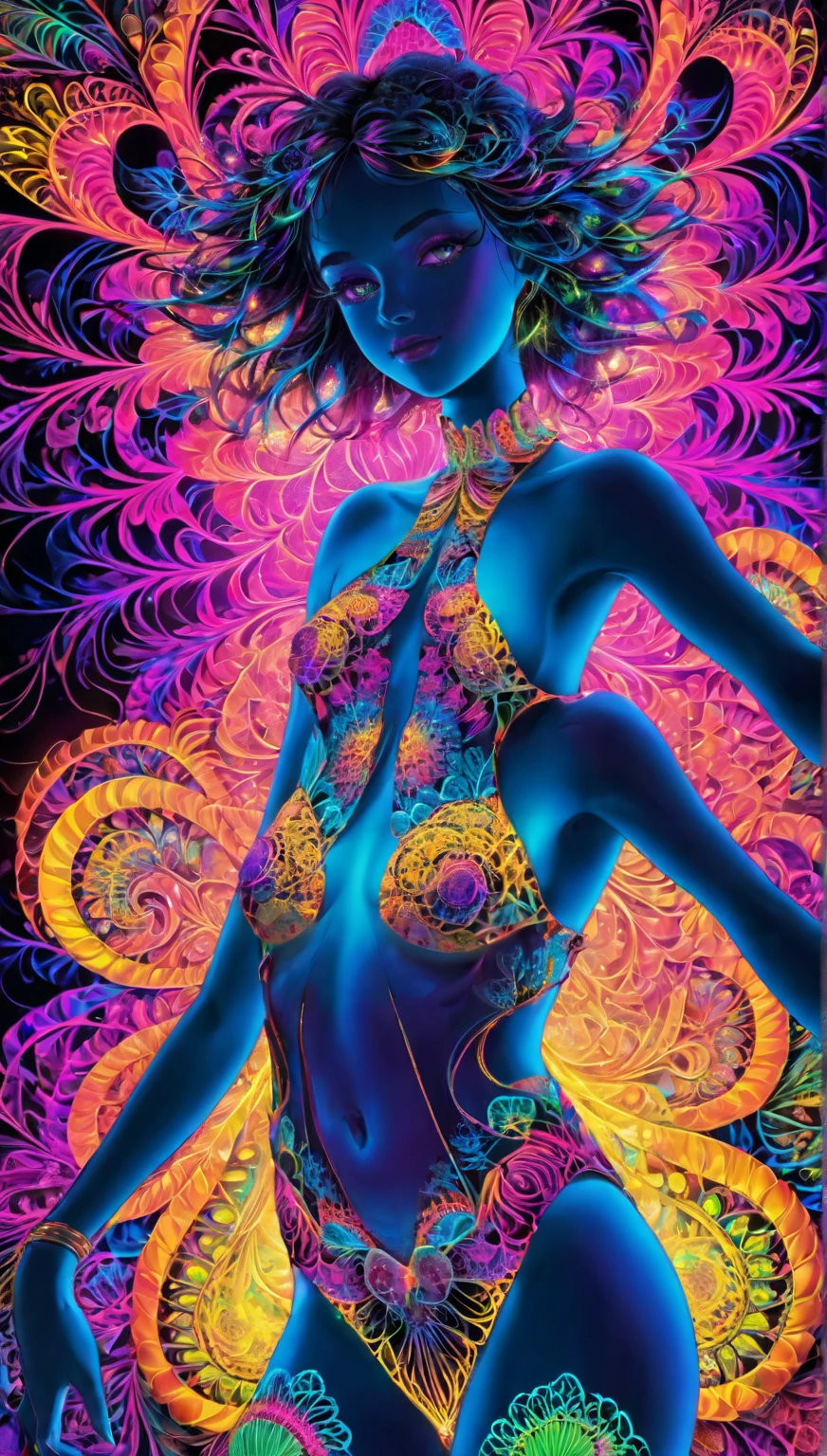 an incredible and spectacular scene of a female figure emerging from a luminous cloud, fractal threads of nebula enveloping her breasts and hips, cosmic entities, celestial, cosmic, vibrating and bright, vortices, swirling, unrealistic, high contrast, symbolism, magical, mystical, mystifying, hyperrealistic, oversaturated, colorful