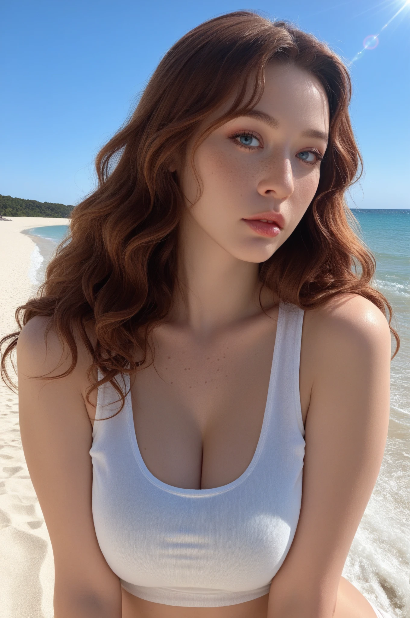 1girl in, age19, Solo, Aesthetic artwork, irish, wavy ginger hair, shoulder length hair, gray eyes, light grey eyes, pale skin, A-cup, small breasts, runners body, (textured skin, skin pores:1.1), goosebumps, taking a selfie while tanning at the beach in sexy bikini laying down on a towel, close-up