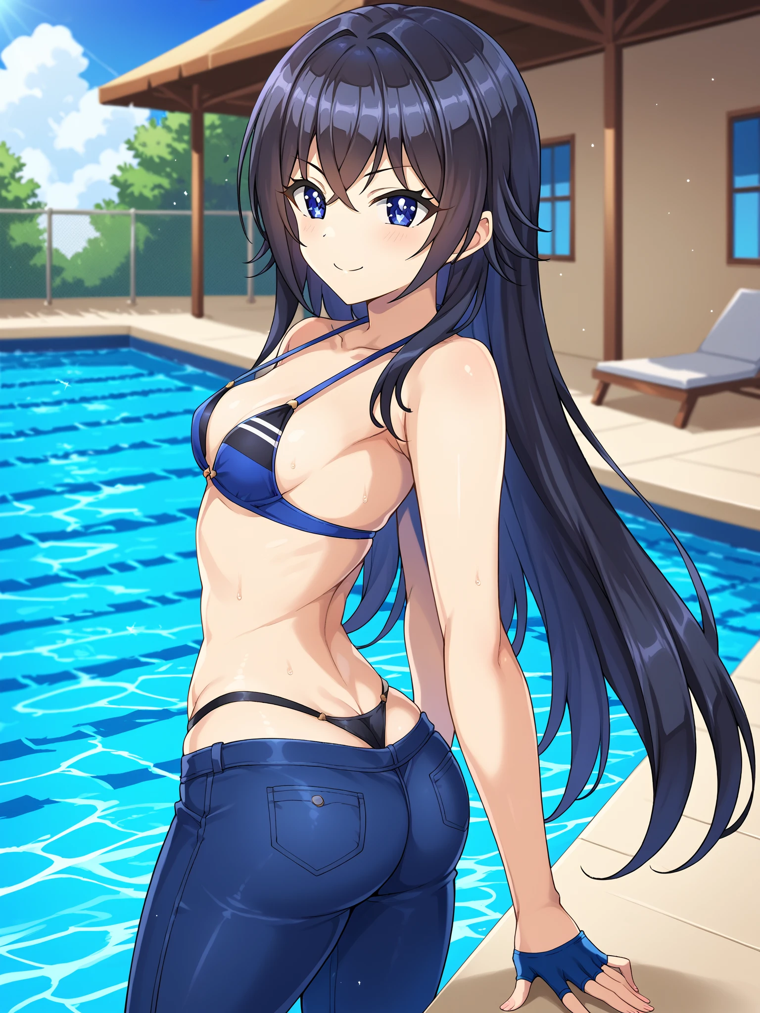 (masterpiece), best quality, (16k), expressive eyes, perfect face, teenagers, 1 girl, solo, large breast, navel, ((topless)), (((wet cobalt blue buruma))), gym uniform, bare arms, bare legs, shiny skin, wet body, outdoors, in the pool, wading, night sky, black hair, wet hair, straight middle hair, black eyes, smile, standing, (upper body), (from behind),