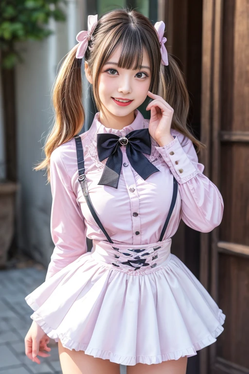 Angelic very beautiful cute young girl,
Beautiful detailed eyes, (5 yo:1.2),
Detailed double eyelids,
(Soft Saturation: 1.3),
(Fair skin: 1.3),v-line jaw,
(Large eyes:1.4),
Long straight brown hair,
see-through bangs,
Sharp Focus,
beautiful detailed face and eyes,
drooping eyes,
small straight nose,
small mouth,
happy smiling with visible teeth, 85mm lens, F/8.0,BREAK (Super shiny white and metallic pink maid costume :1.3),Walking,Brown hair ,(Costumes with strong reflective surfaces:1.3),
(Best Quality:1.2),(Maid costume:1.5),
Raw photo,
High resolution,
perfect detail,
Professional Photography,
Professional Lighting,
Powerful lighting of the costume,In the street