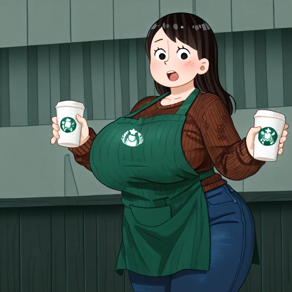 Chubby japanese sexy mature woman (50 years old), long straight black hair, rounded eyeglasses, black blouse and blue jeans, standing up in the starbucks, talking with two older men, smiley expression