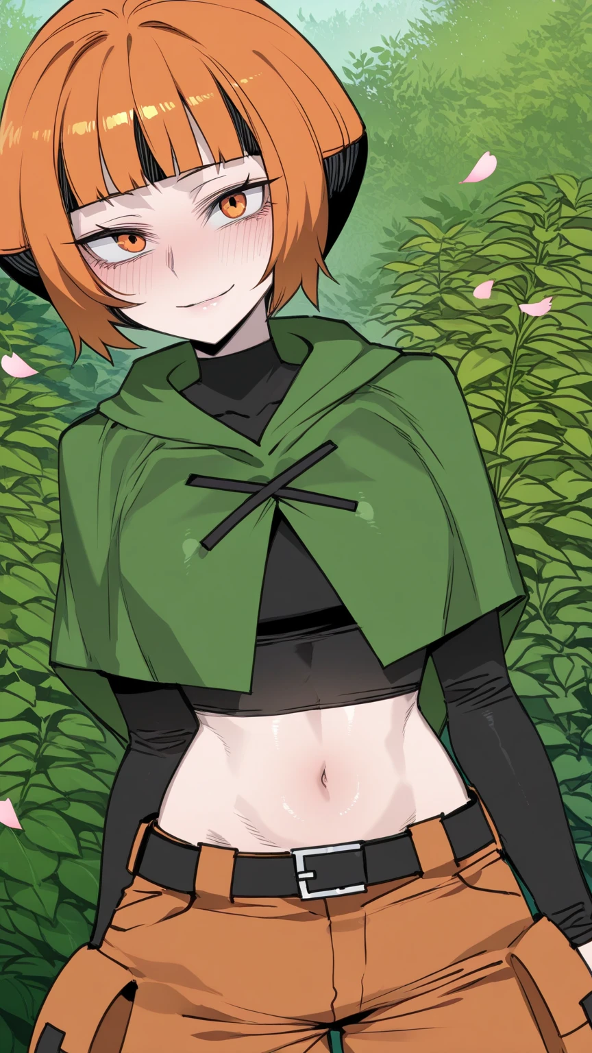 (Masterpiece), Best Quality, ultra-detailed, 1girl (Gwendolyn_Tennyson, breasts, orange hair, short hair, green eyes, half-closed eyes), a charming face, smile, parted lips, looking at viewer, solo, long sleeves, navel, belt, white pants, forest, walk, charming walking, sexy waist teasing