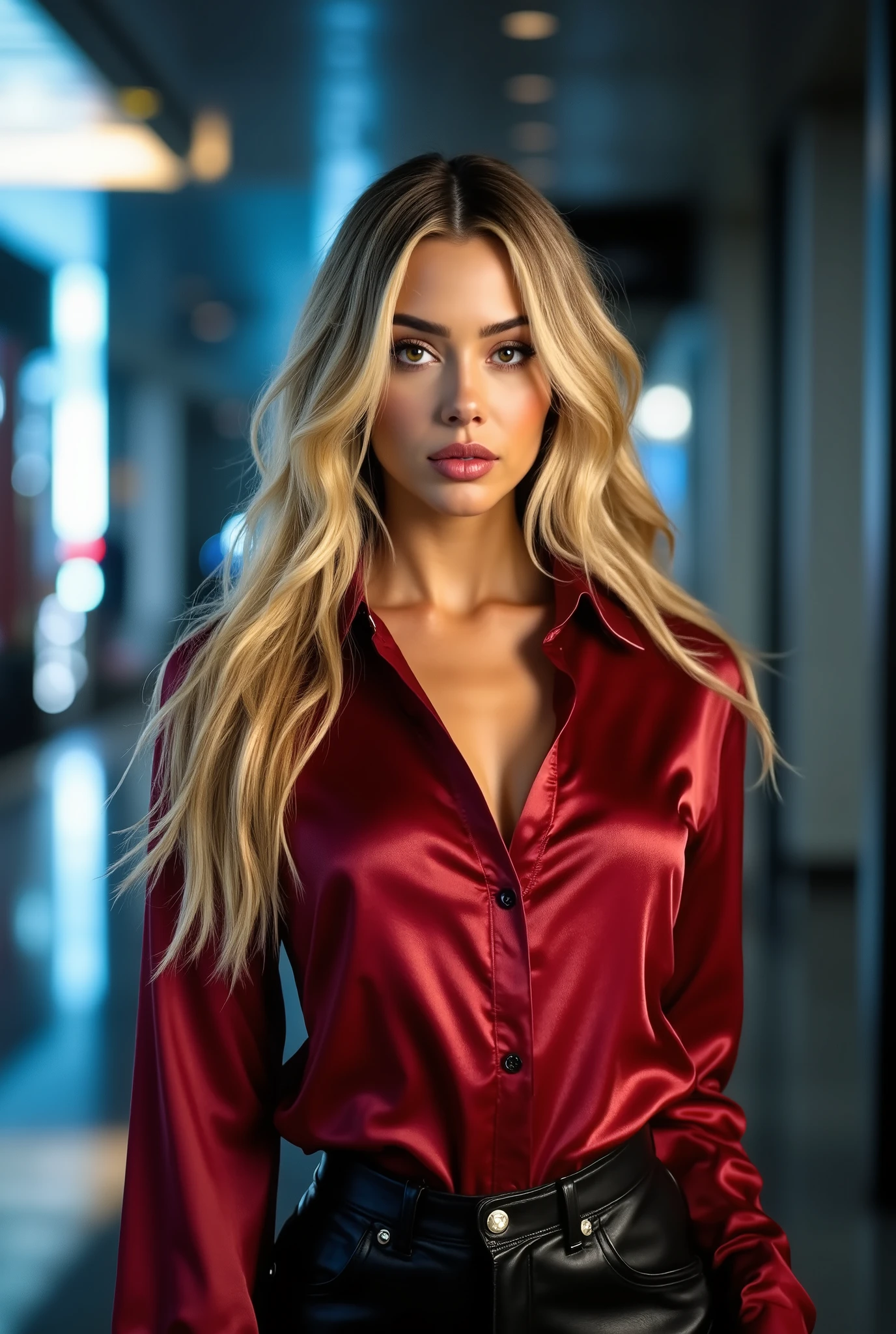 blonde woman, long hair, brown eyes, high arched eyebrows, strict look, (crimson close collared silk shirt:1.3), black leather pants, stilettos, midnight modern metropolis, spot lighting, backlight on hair, shallow depth of field, bokeh, sexy